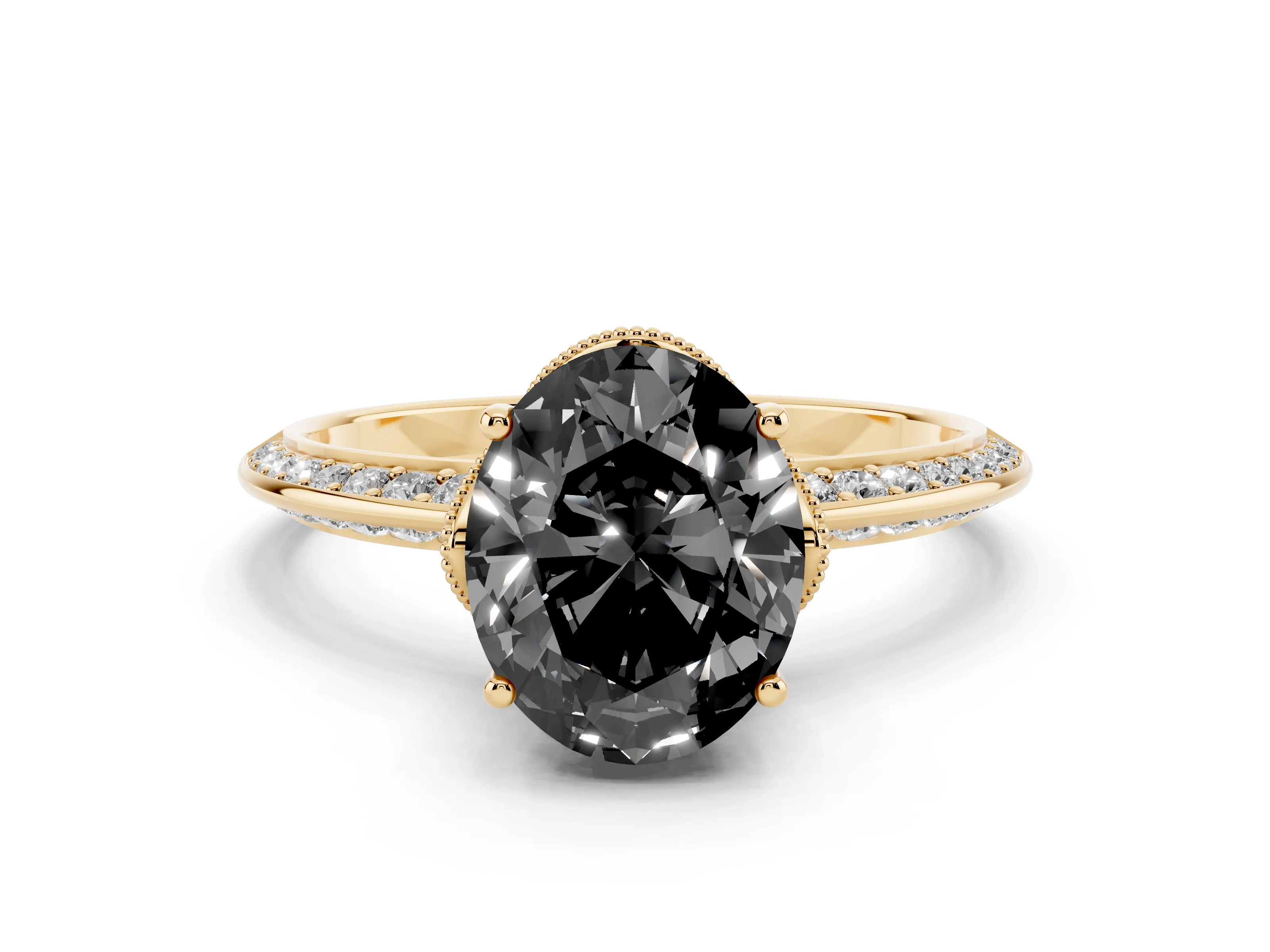 Fancy Black Oval Cut Diamond Solitaire Engagement Ring Set in Yellow gold with Pavé Split Shank and Prong Setting