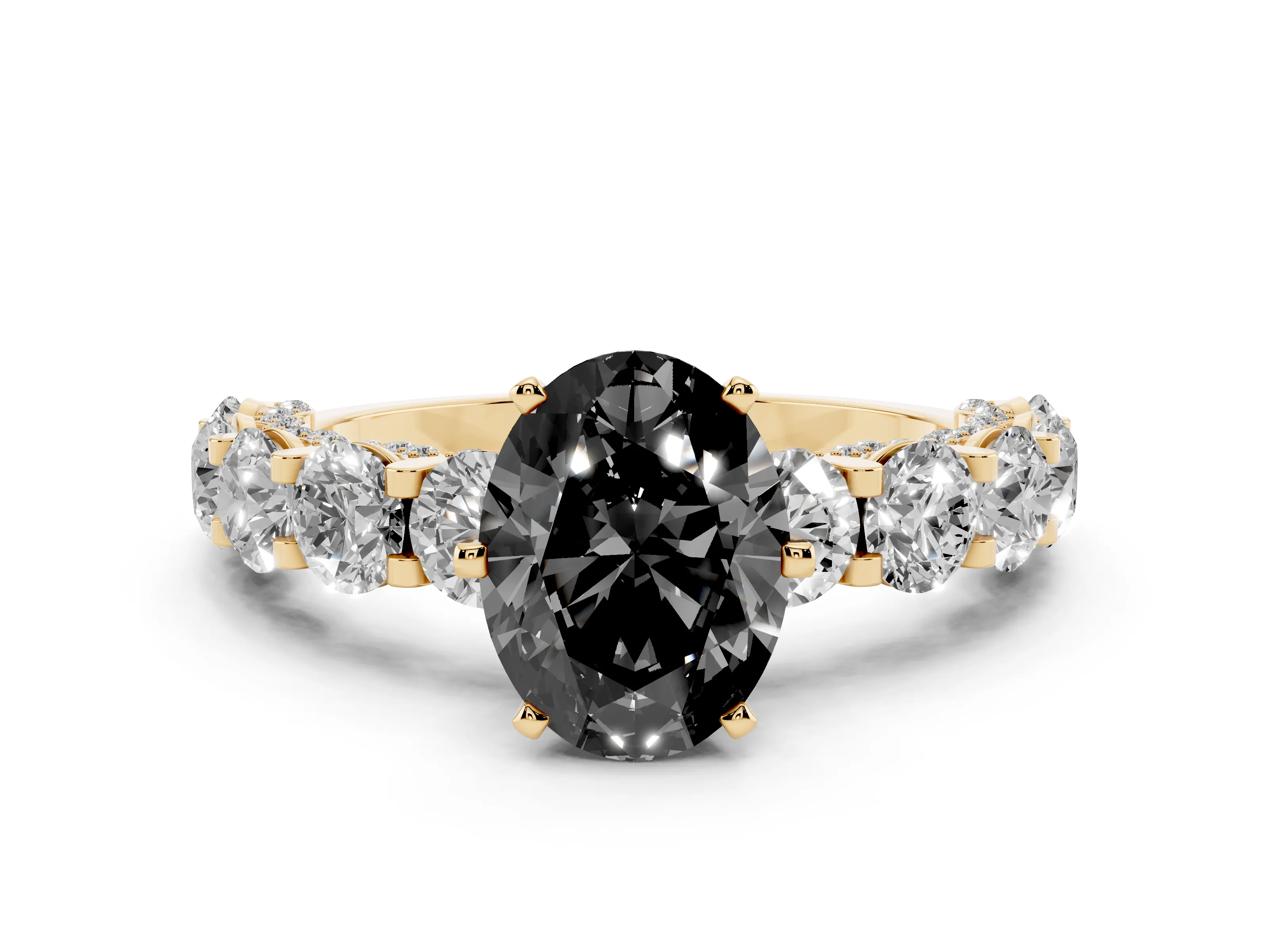 Fancy Black Oval Cut Diamond Side Stone Ring Set in Yellow gold with Alternating Round and Oval Side Stones