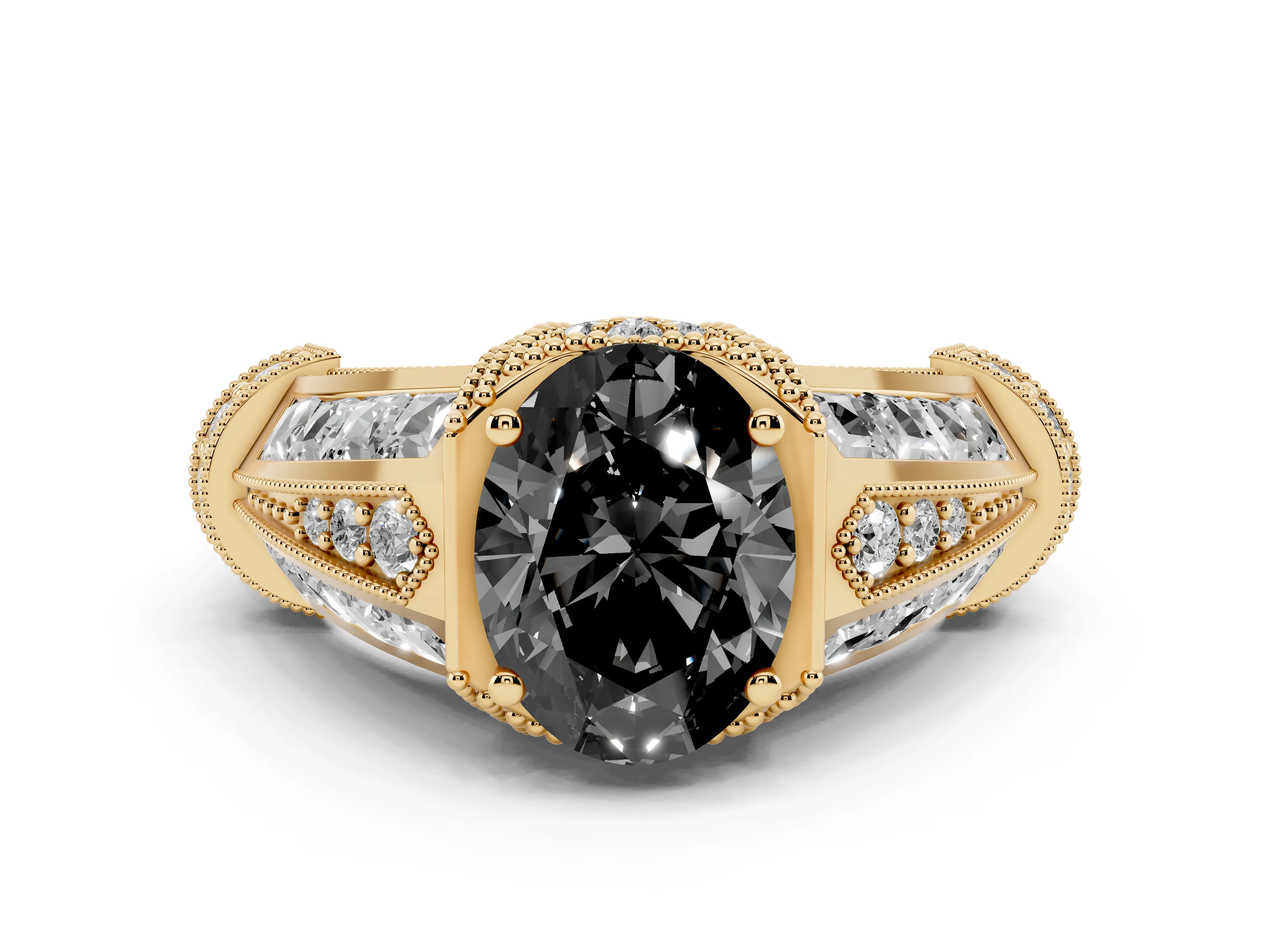 Fancy Black Oval Cut Diamond Vintage-Inspired Milgrain Ring Set in Yellow gold with Accent Split Shank