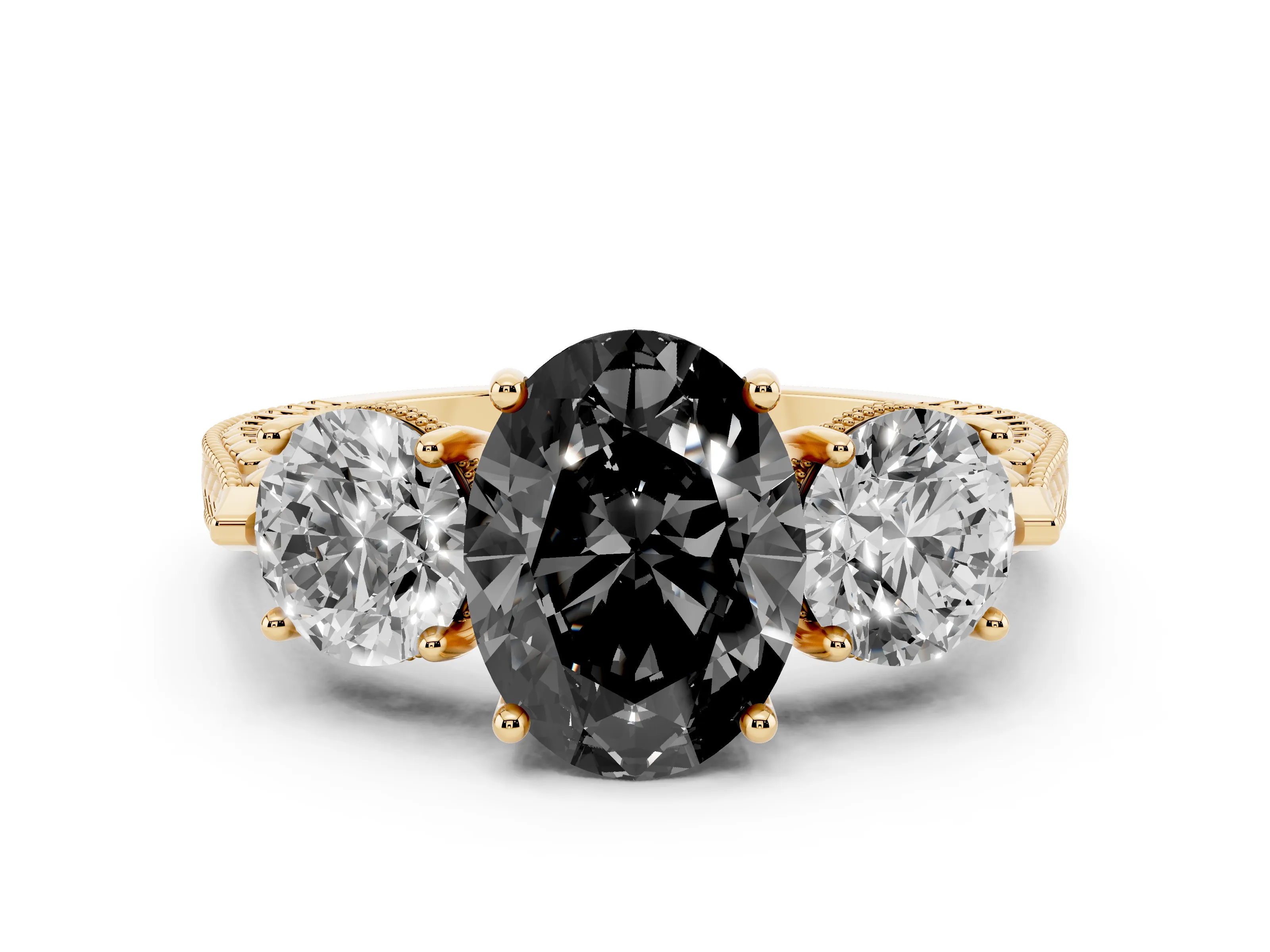 Fancy Black Oval Cut Diamond Three-Stone Ring Set in Yellow gold with Milgrain Band