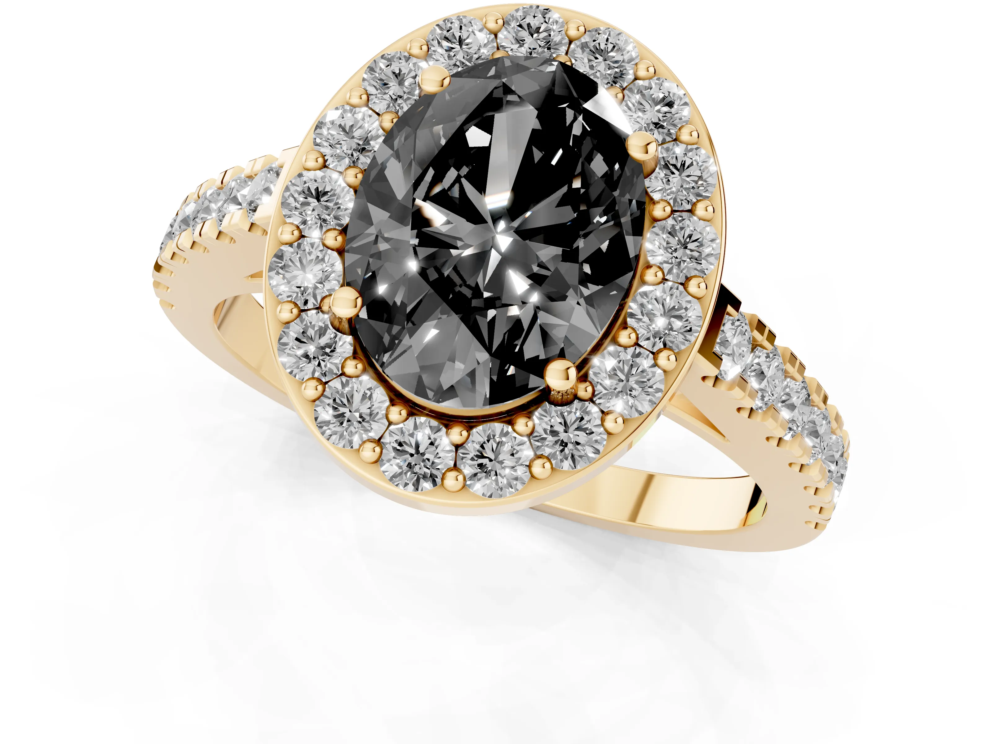 Fancy Black Oval Cut Diamond Halo Ring Set in Yellow gold with Round Pavé Split Shank and Prong Setting
