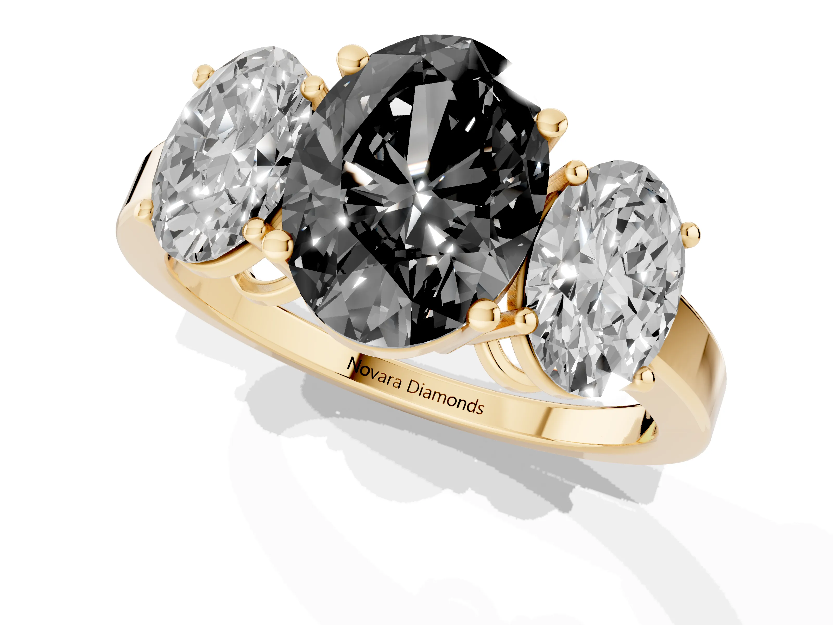 Fancy Black Oval Cut Diamond Three-Stone Engagement Ring Set in Yellow gold with Flat Band