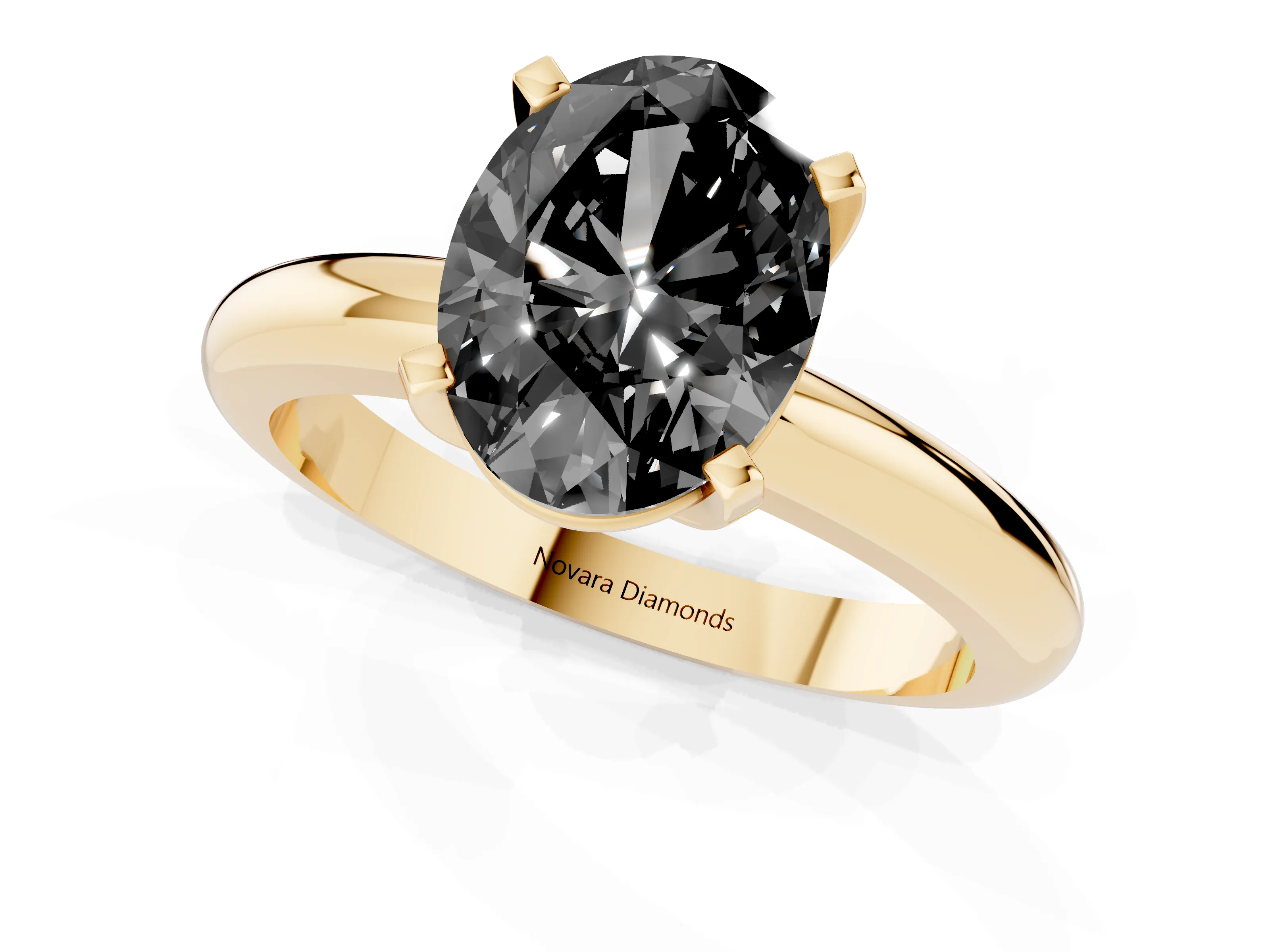Fancy Black Oval Cut Diamond Solitaire Engagement Ring Set in Yellow gold with Round Band and Prong Setting