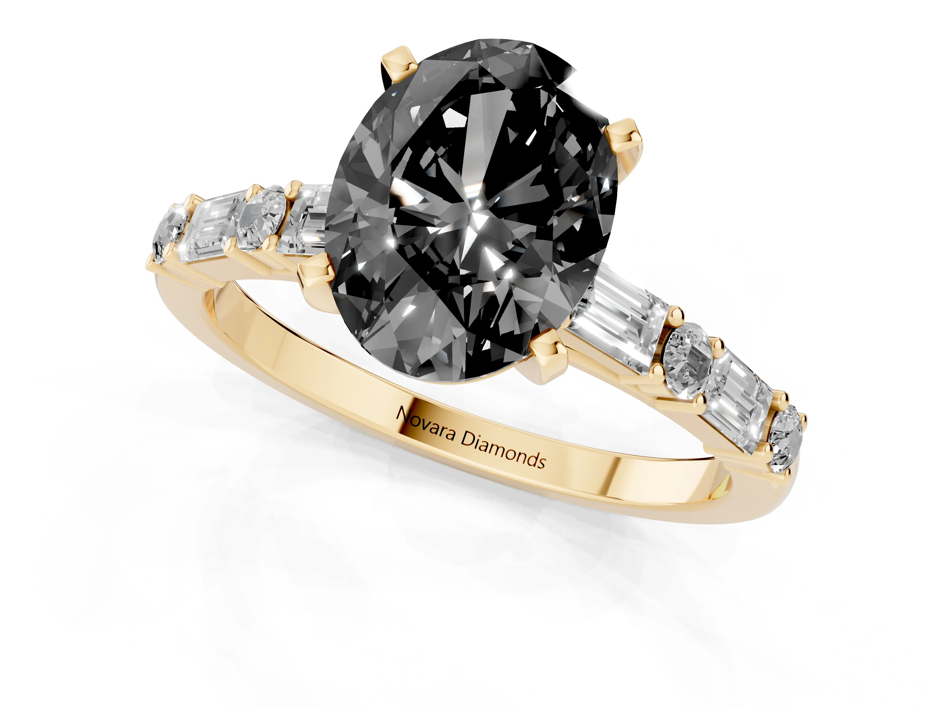 Fancy Black Oval Cut Diamond Solitaire Set in Yellow gold with Side Baguettes and Channel Set Band