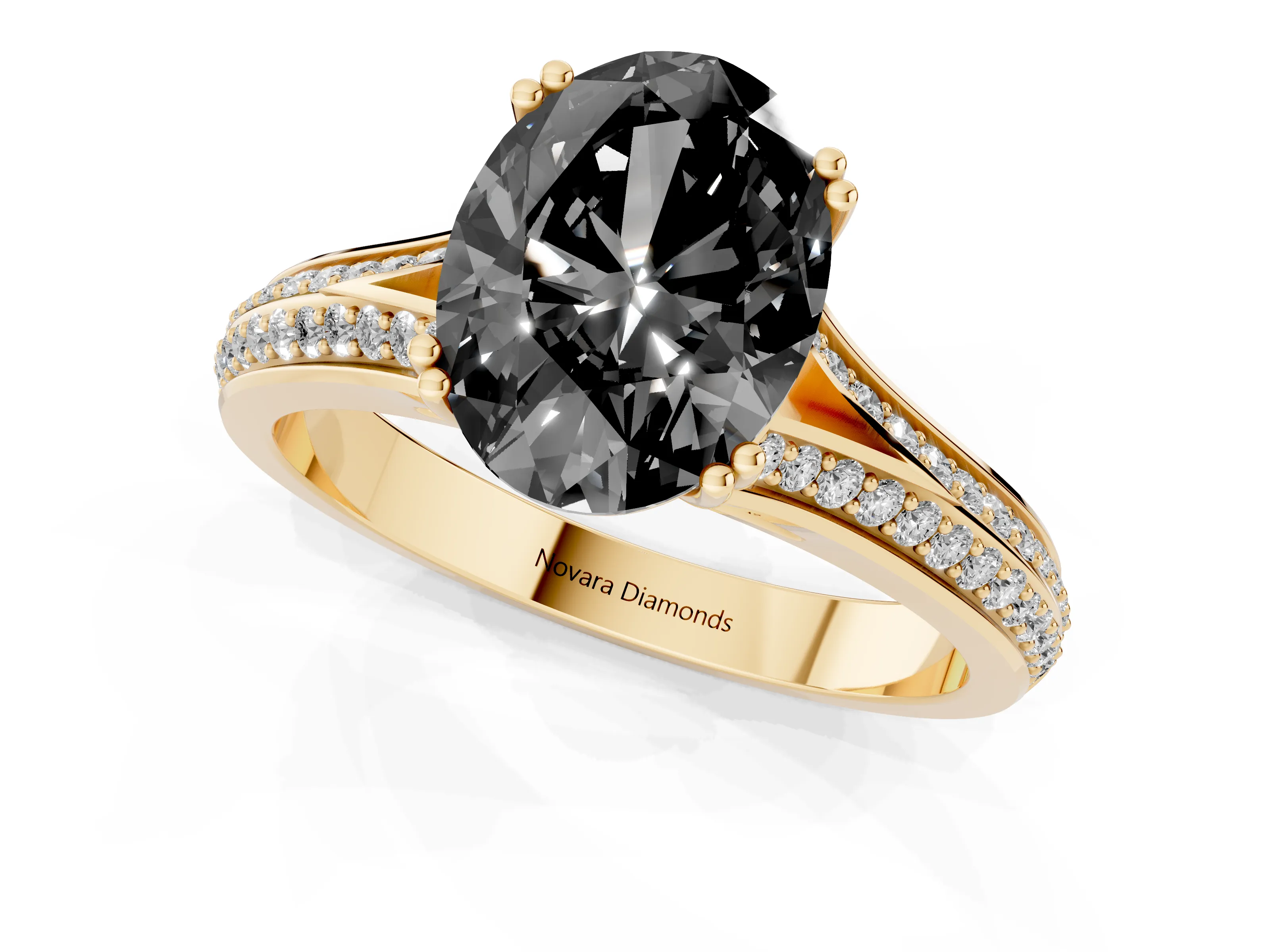 Fancy Black Oval Cut Diamond Split Shank Pavé Engagement Ring Set in Yellow gold with Prong-Set Center Stone
