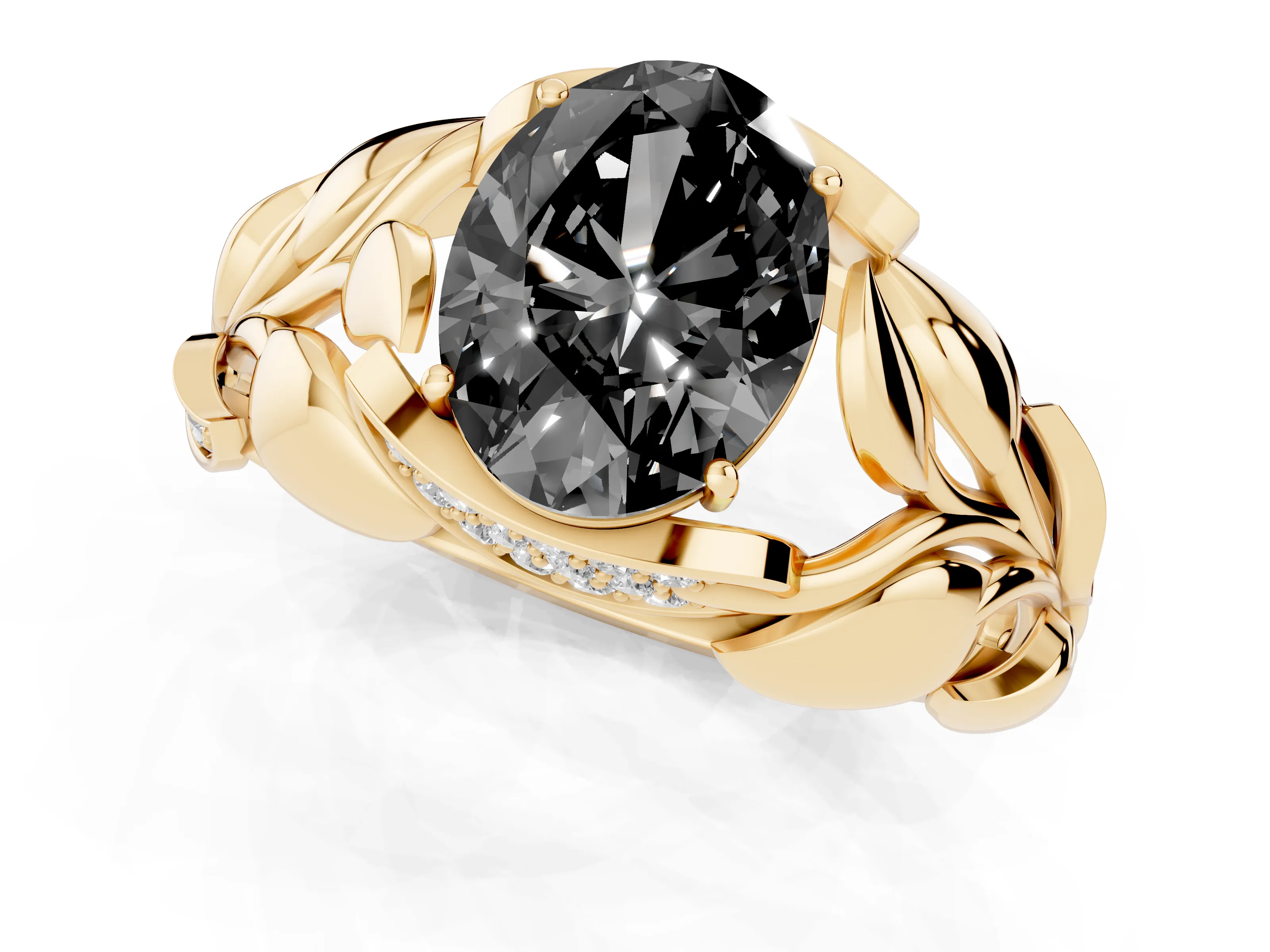 Fancy Black Oval Cut Diamond Leaf-Inspired Engagement Ring Set in Yellow gold with Round Accents