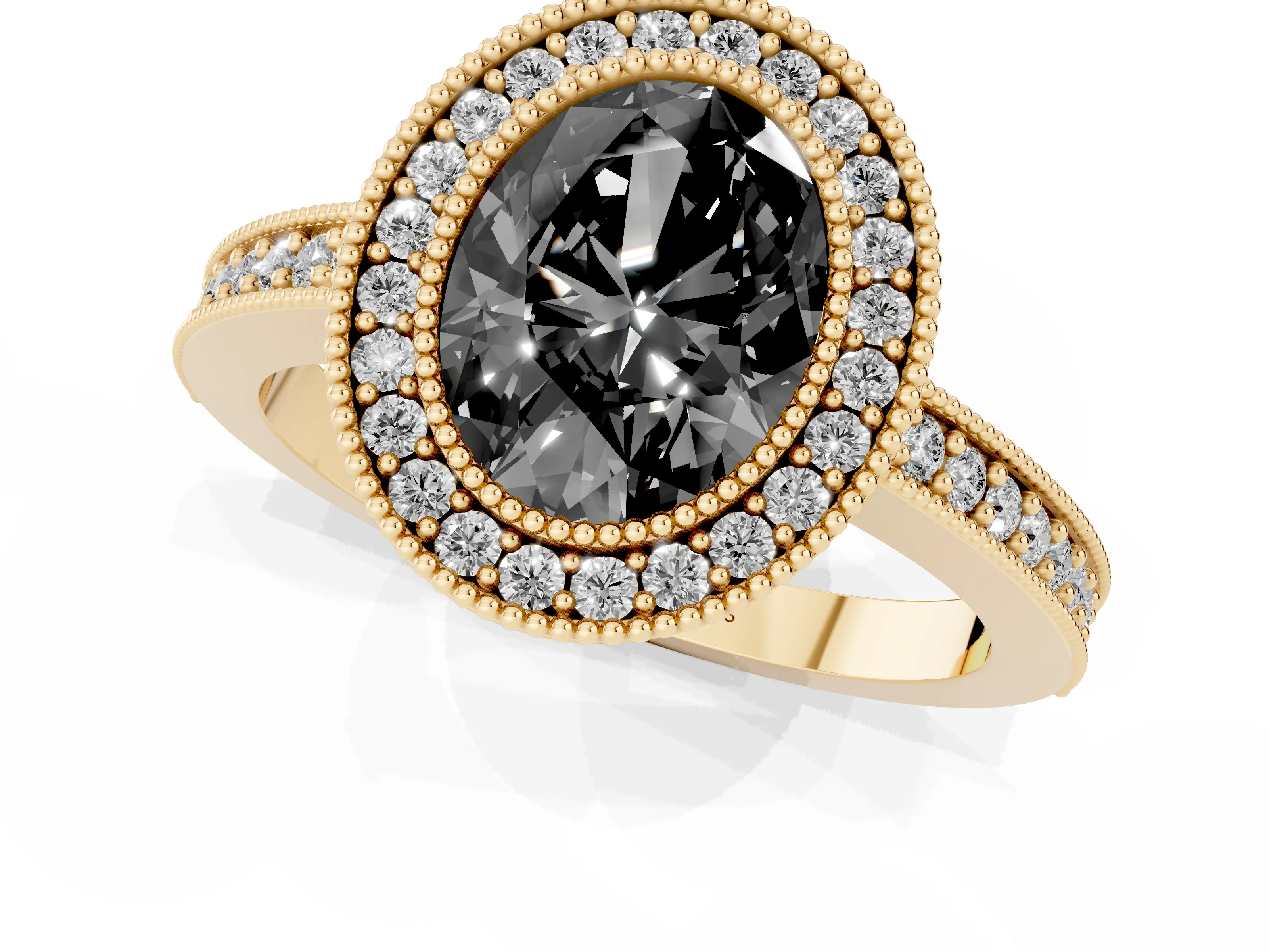Fancy Black Oval Cut Diamond Halo Engagement Ring Set in Yellow gold with Pavé Band and Round Halo Stones