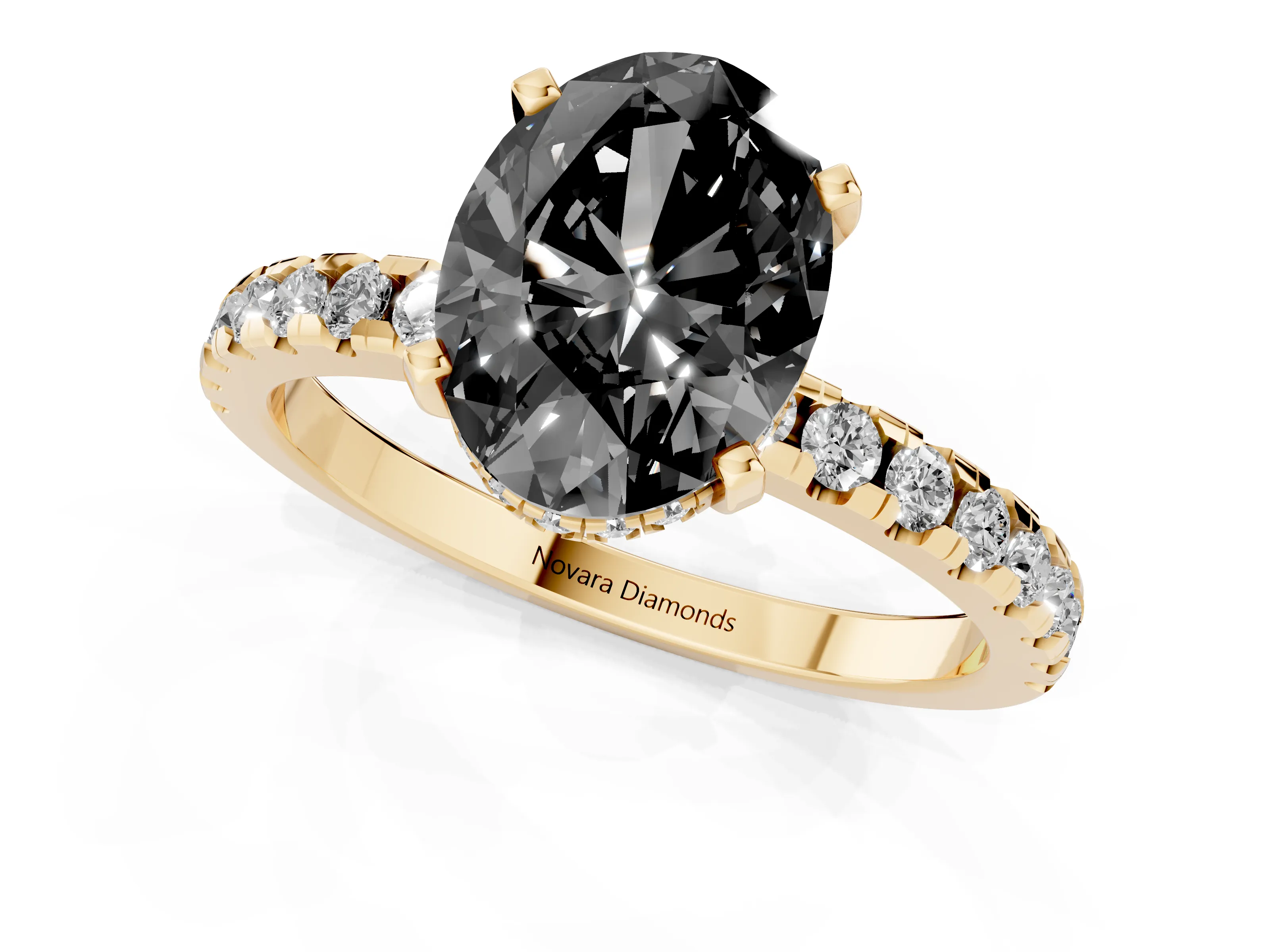 Fancy Black Oval Cut Diamond Pavé Solitaire Ring Set in Yellow gold with Round Band Accents and Prong Setting