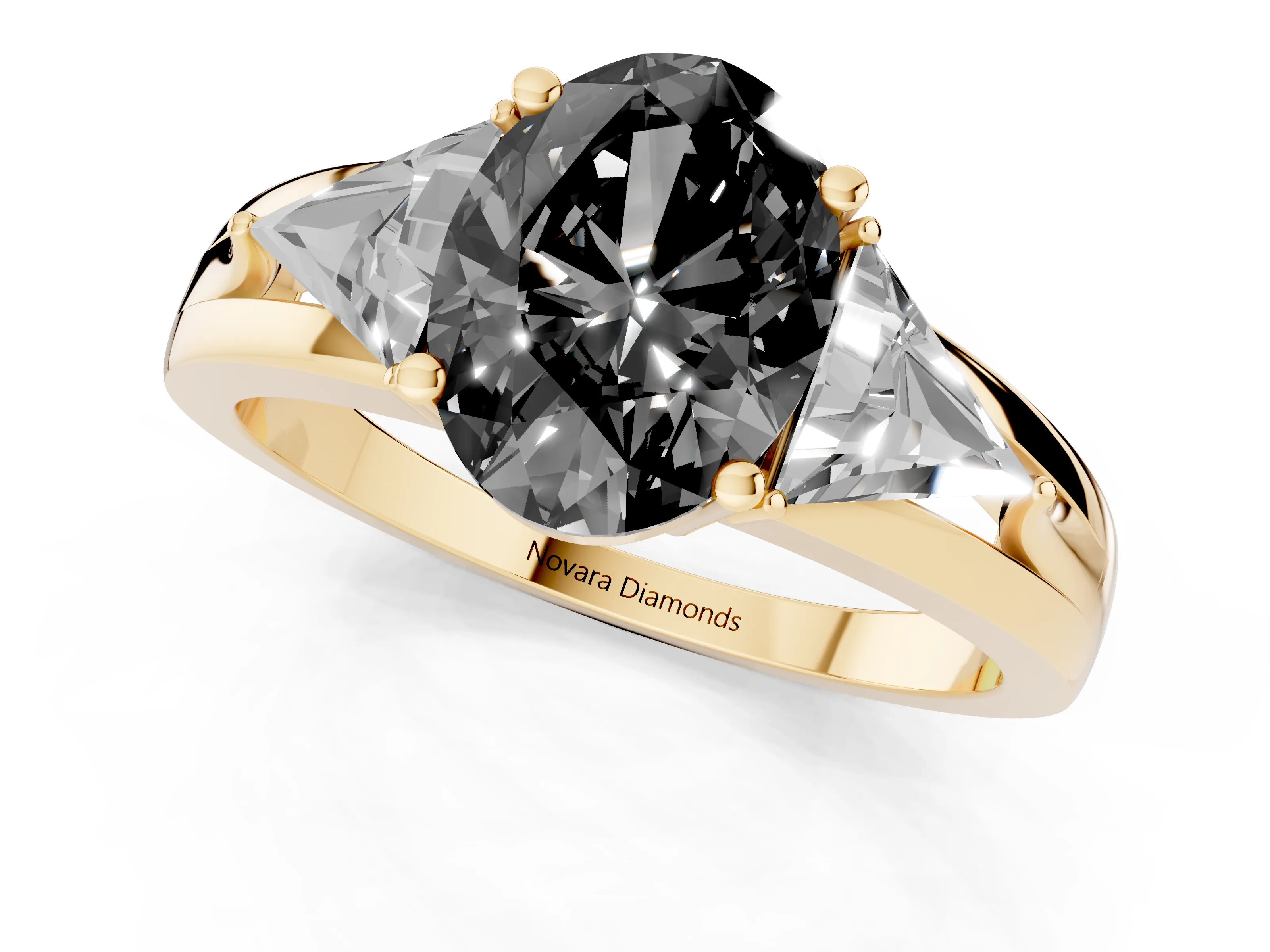 Fancy Black Oval Cut Diamond Three-Stone Ring Set in Yellow gold with Trillion Side Stones and Split Shank
