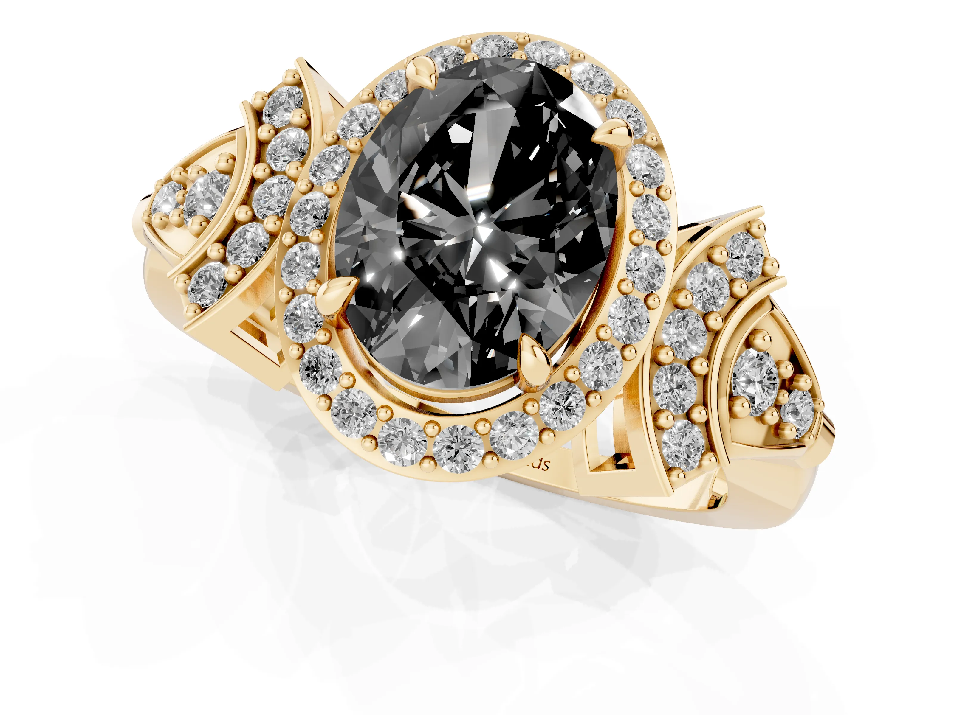 Fancy Black Oval Cut Diamond Halo Engagement Ring Set in Yellow gold with Accent Stone Split Shank