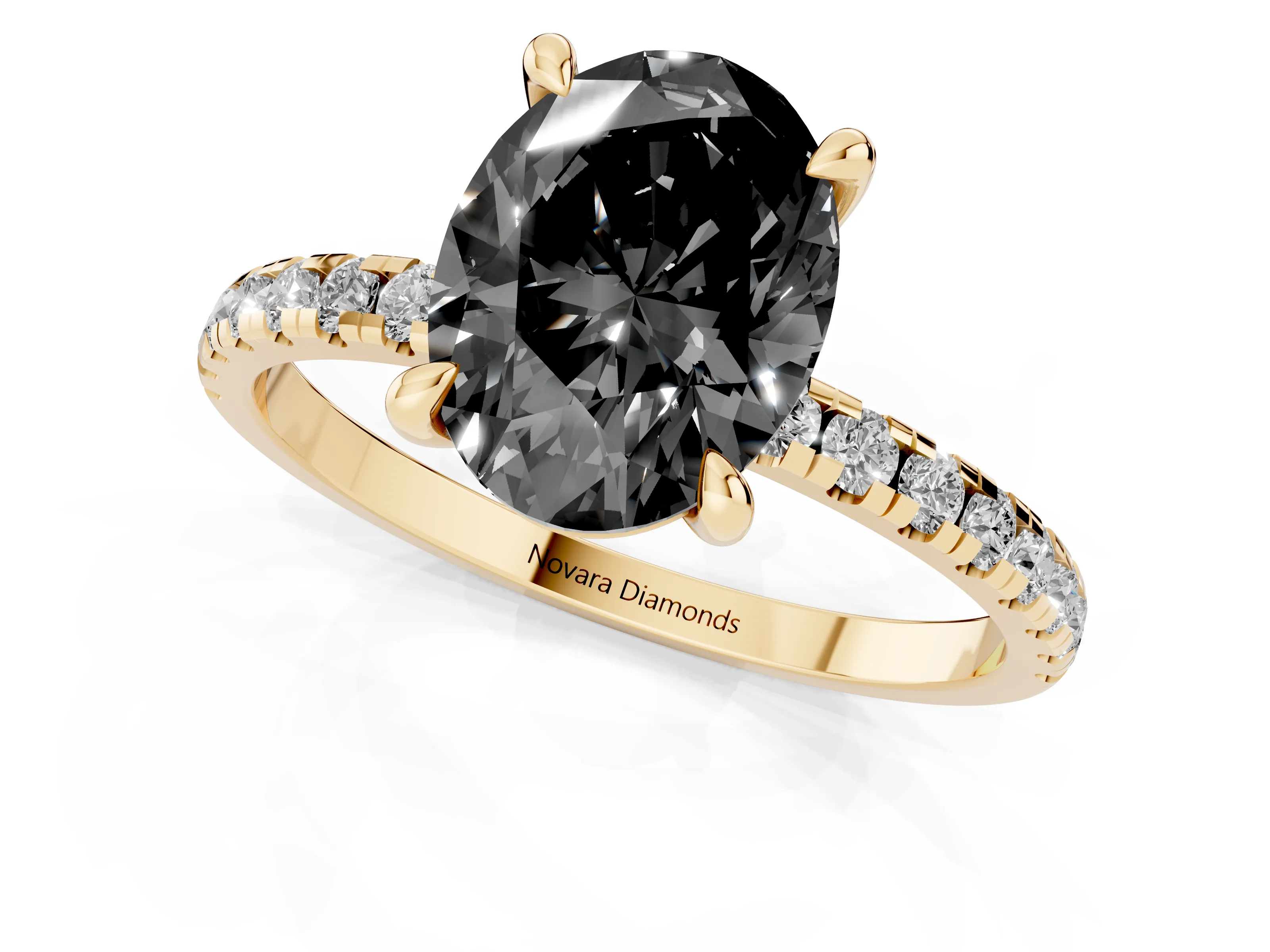 Fancy Black Oval Cut Diamond Brilliant Solitaire Ring Set in Yellow gold with Pavé Band and Prong Setting
