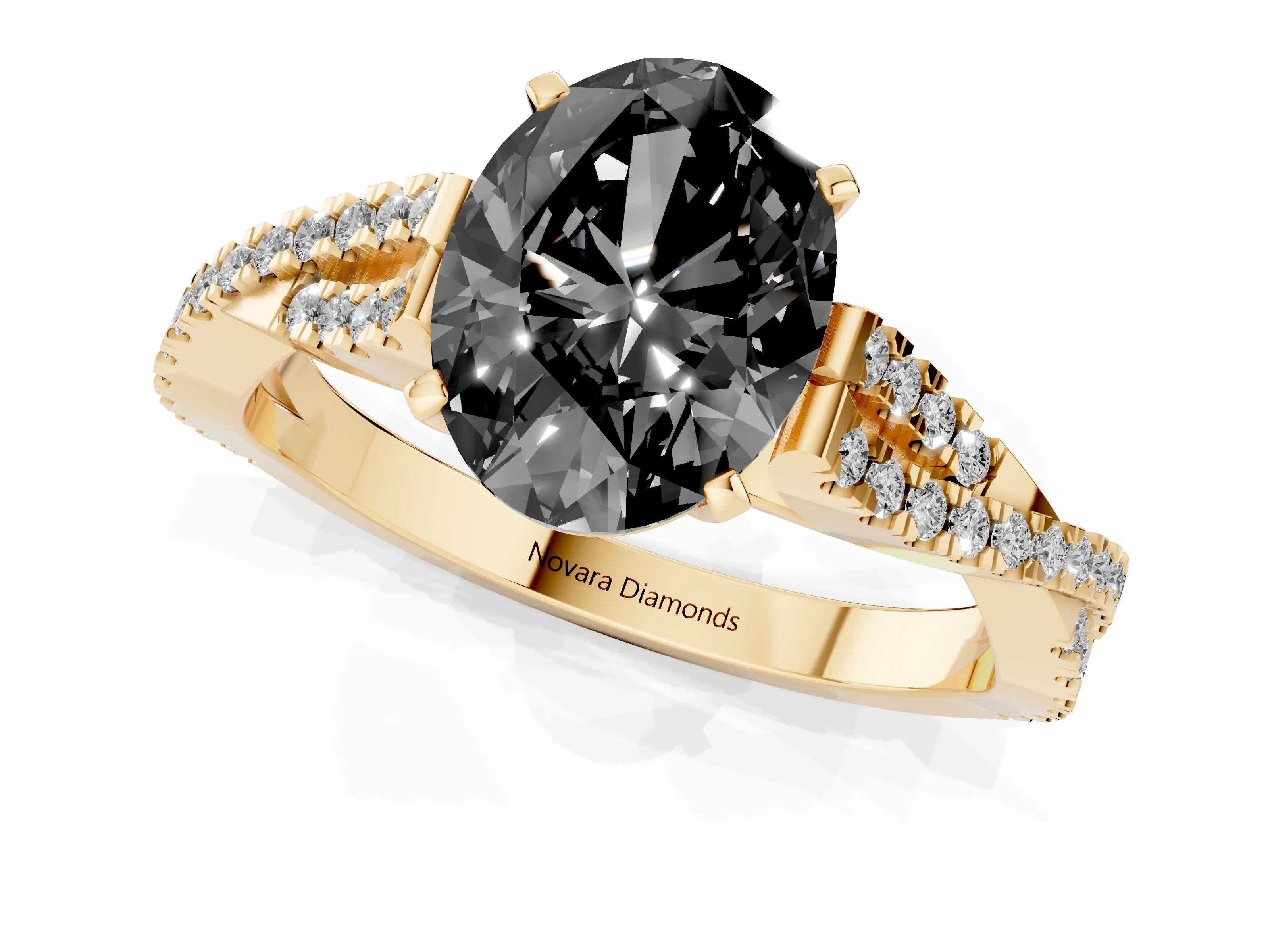 Fancy Black Oval Cut Diamond Solitaire Engagement Ring Set in Yellow gold with Twisted Pavé Band and Prong Setting