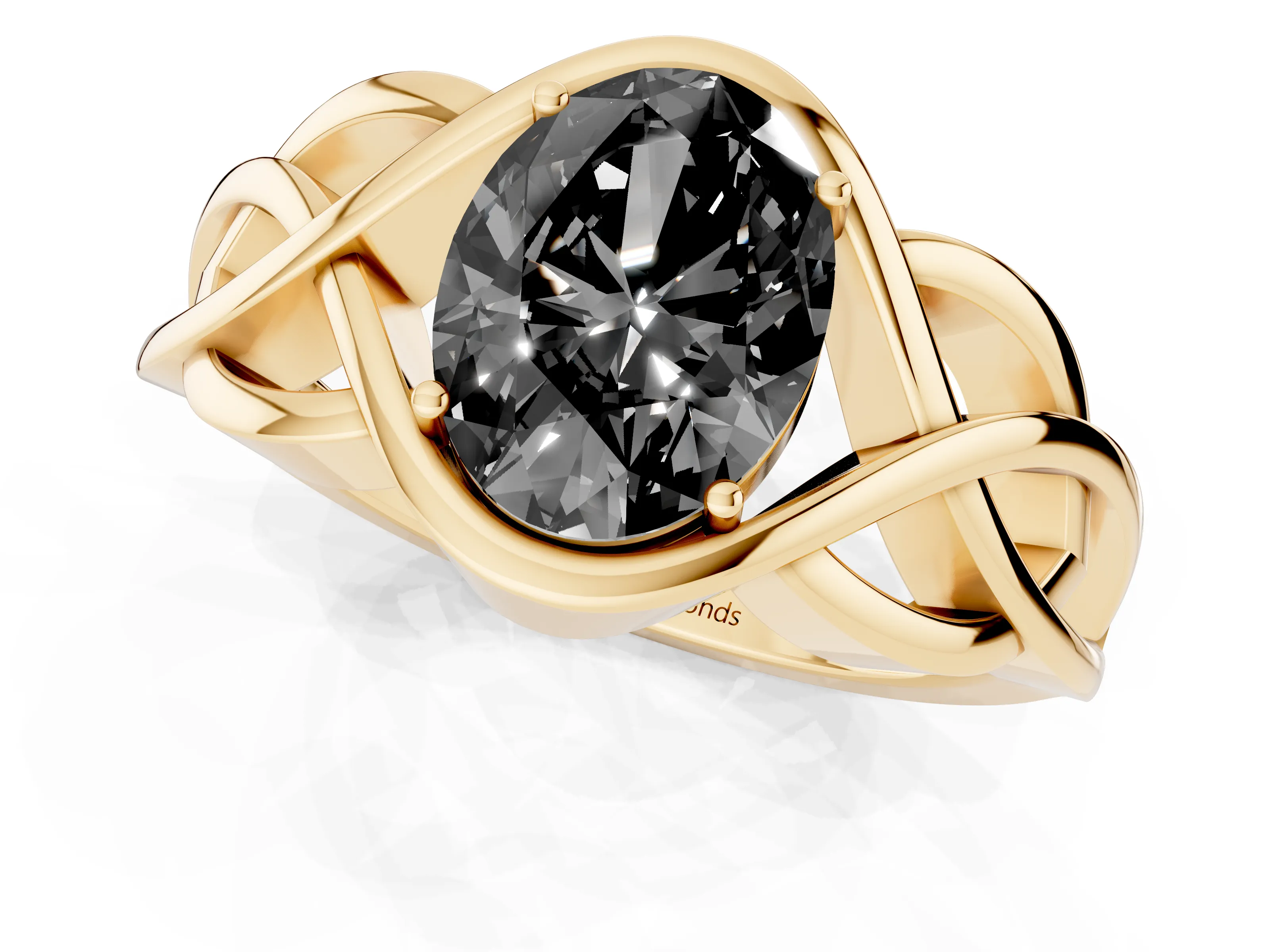 Fancy Black Oval Cut Diamond Solitaire Ring Set in Yellow gold with Intertwined Band