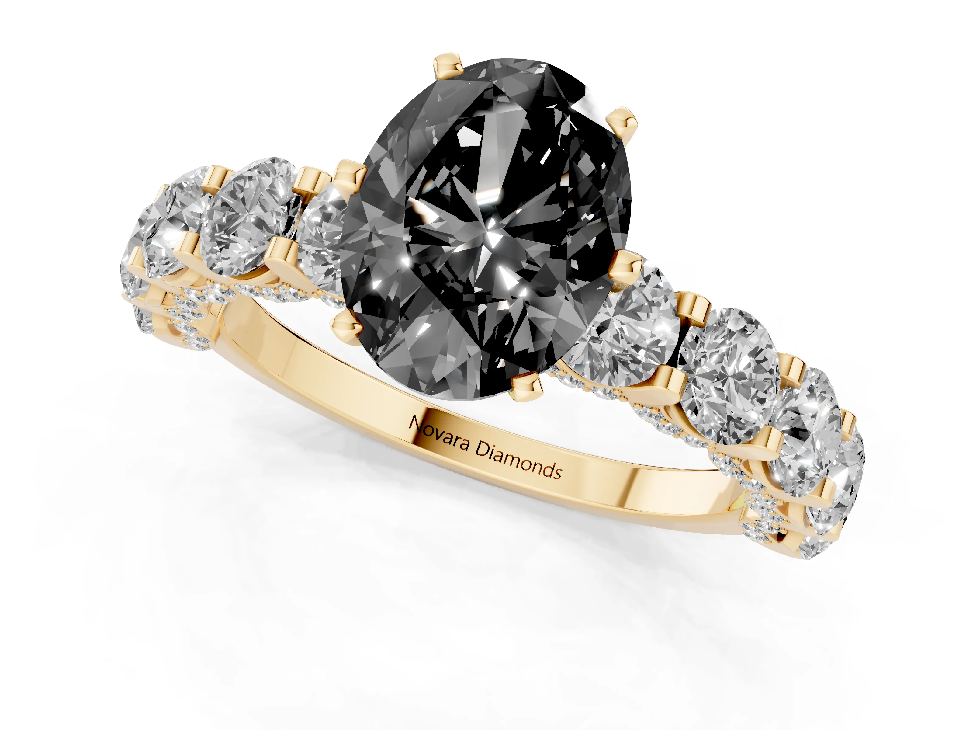Fancy Black Oval Cut Diamond Side Stone Ring Set in Yellow gold with Alternating Round and Oval Side Stones