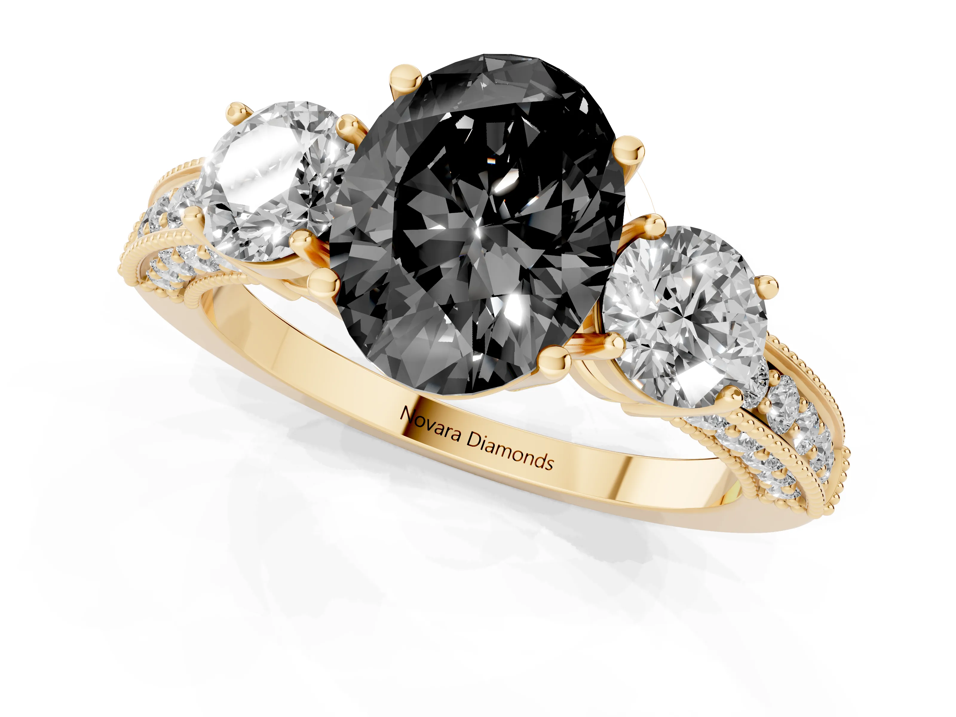 Fancy Black Oval Cut Diamond Three-Stone Ring Set in Yellow gold with Round Side Stones and Pavé Band