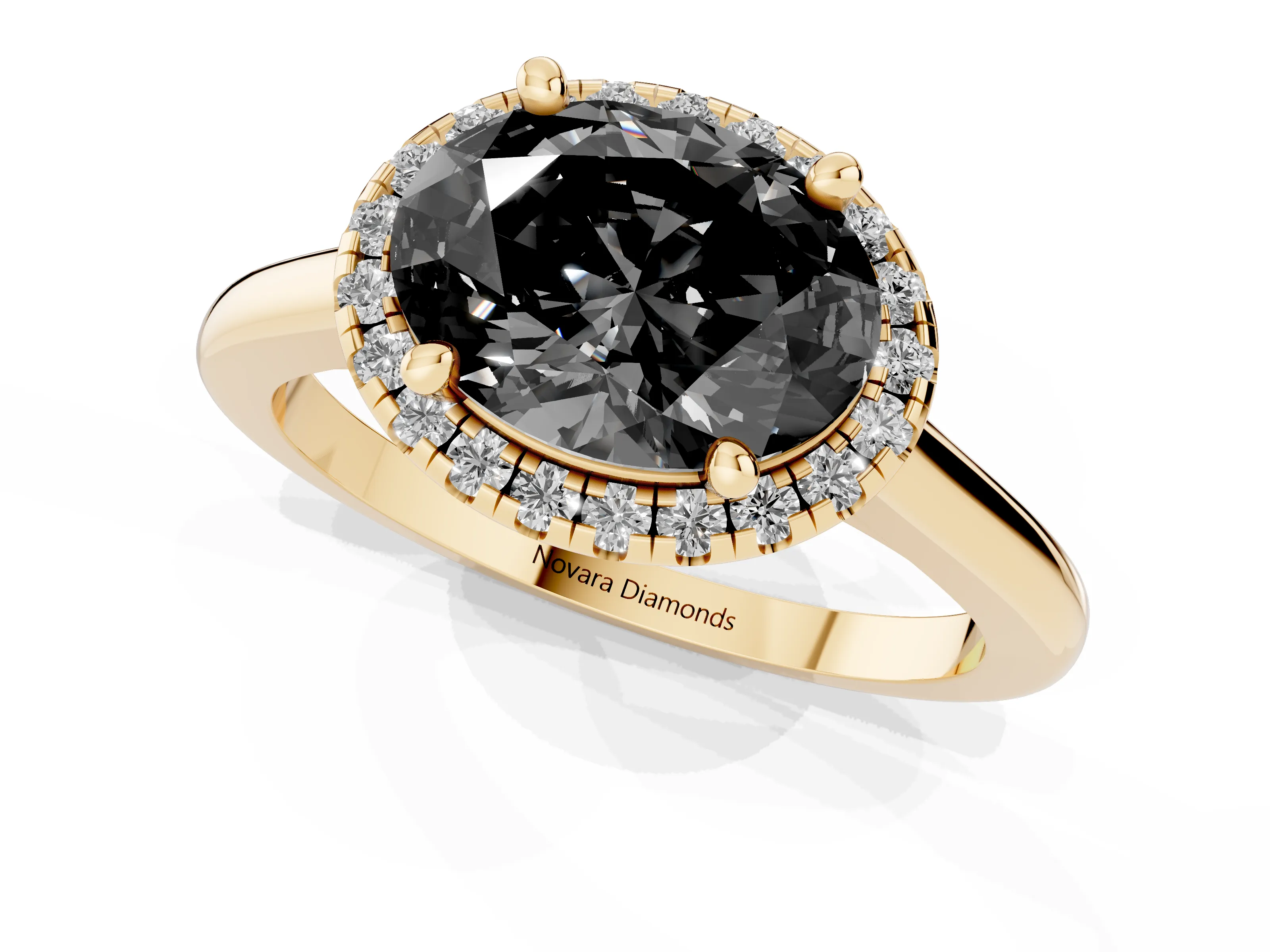 Fancy Black Oval Cut Diamond Halo Engagement Ring Set in Yellow gold with Pavé Band and Rising Shoulders