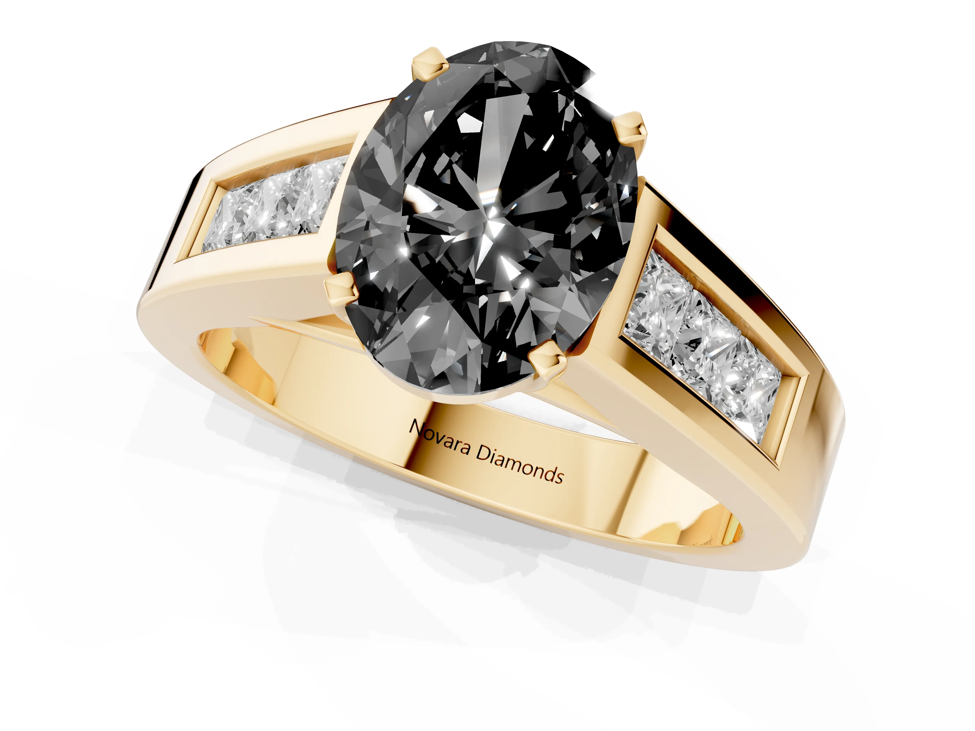 Fancy Black Oval Cut Diamond Solitaire Ring Set in Yellow gold with Channel-Set Accent Stones and Prong Setting