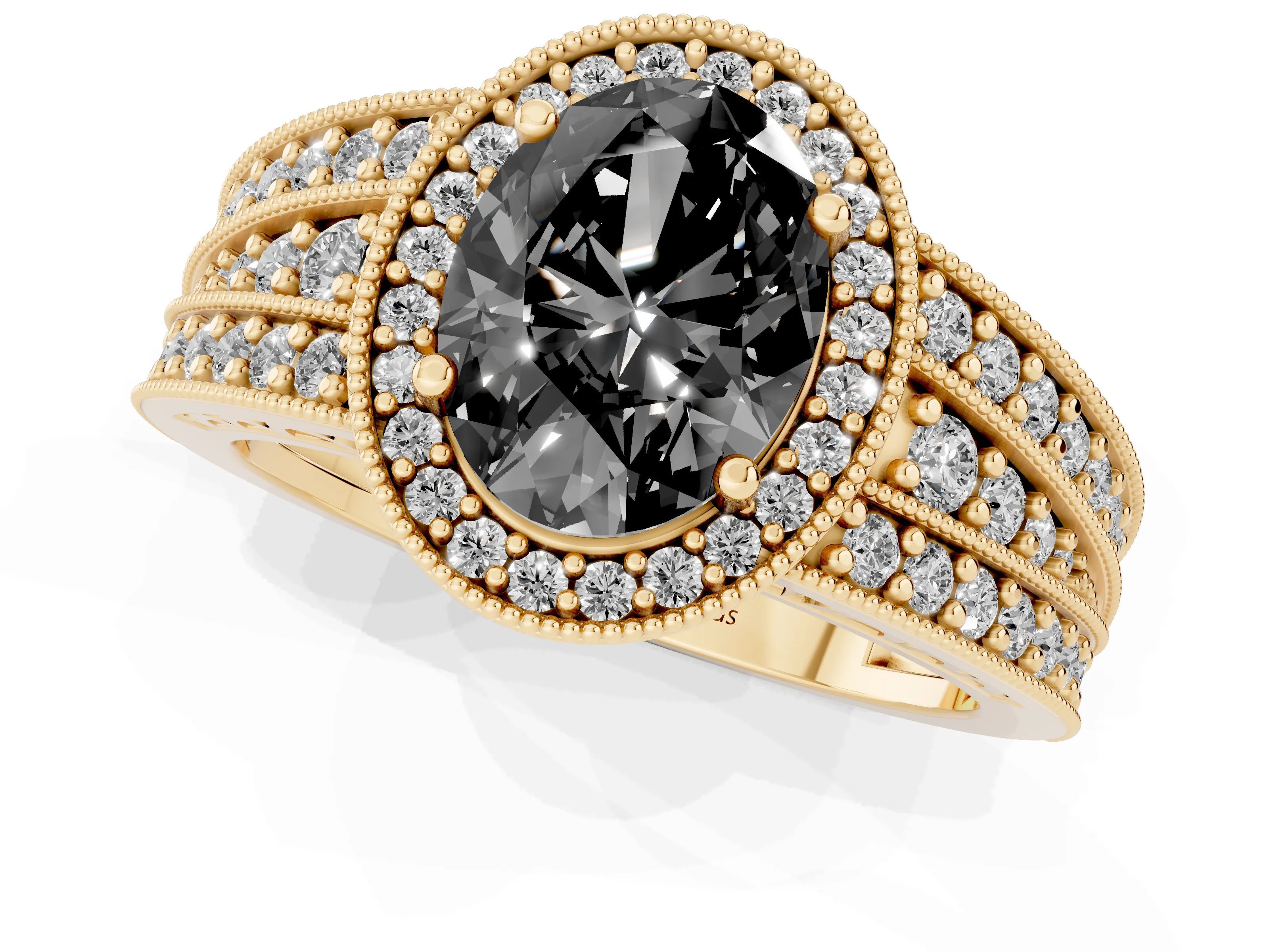 Fancy Black Oval Cut Diamond Halo Ring Set in Yellow gold with Accent Split Shank and Prong Setting