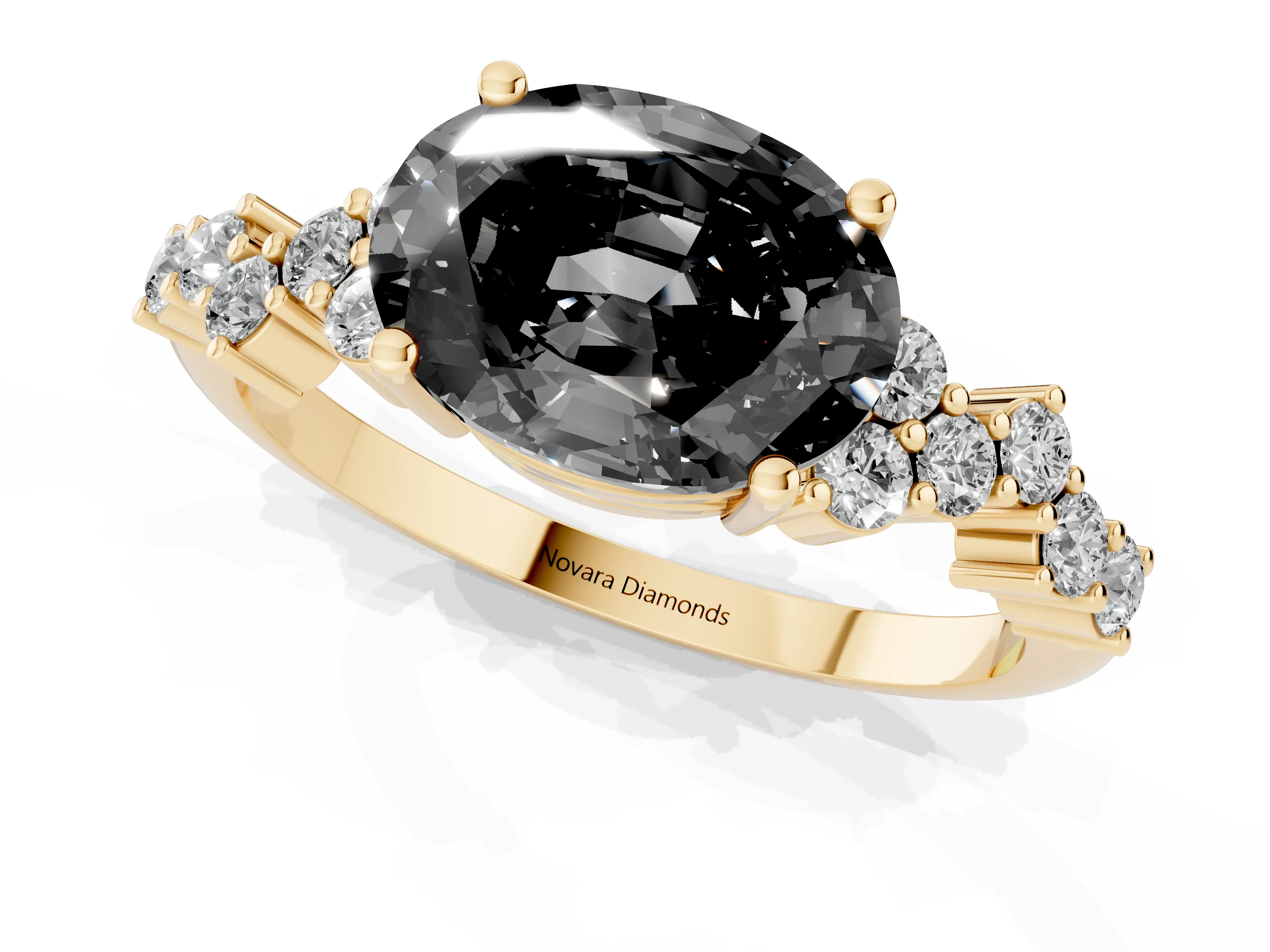 Fancy Black Oval Cut Diamond Ring Set in Yellow gold with Scattered Round Accents