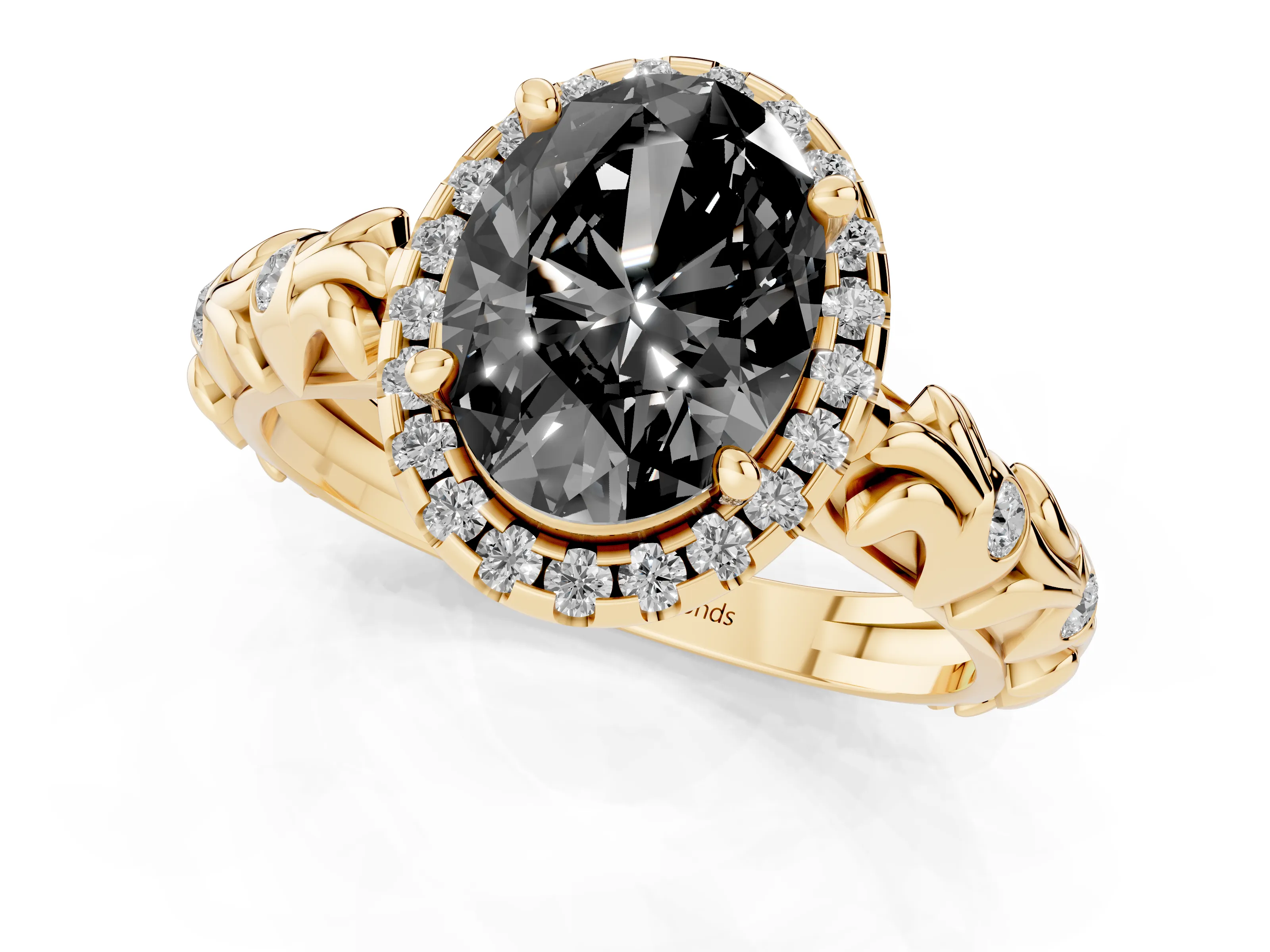 Fancy Black Oval Cut Diamond Halo Ring Set in Yellow gold with Filigree Leaf Band and Prong Setting