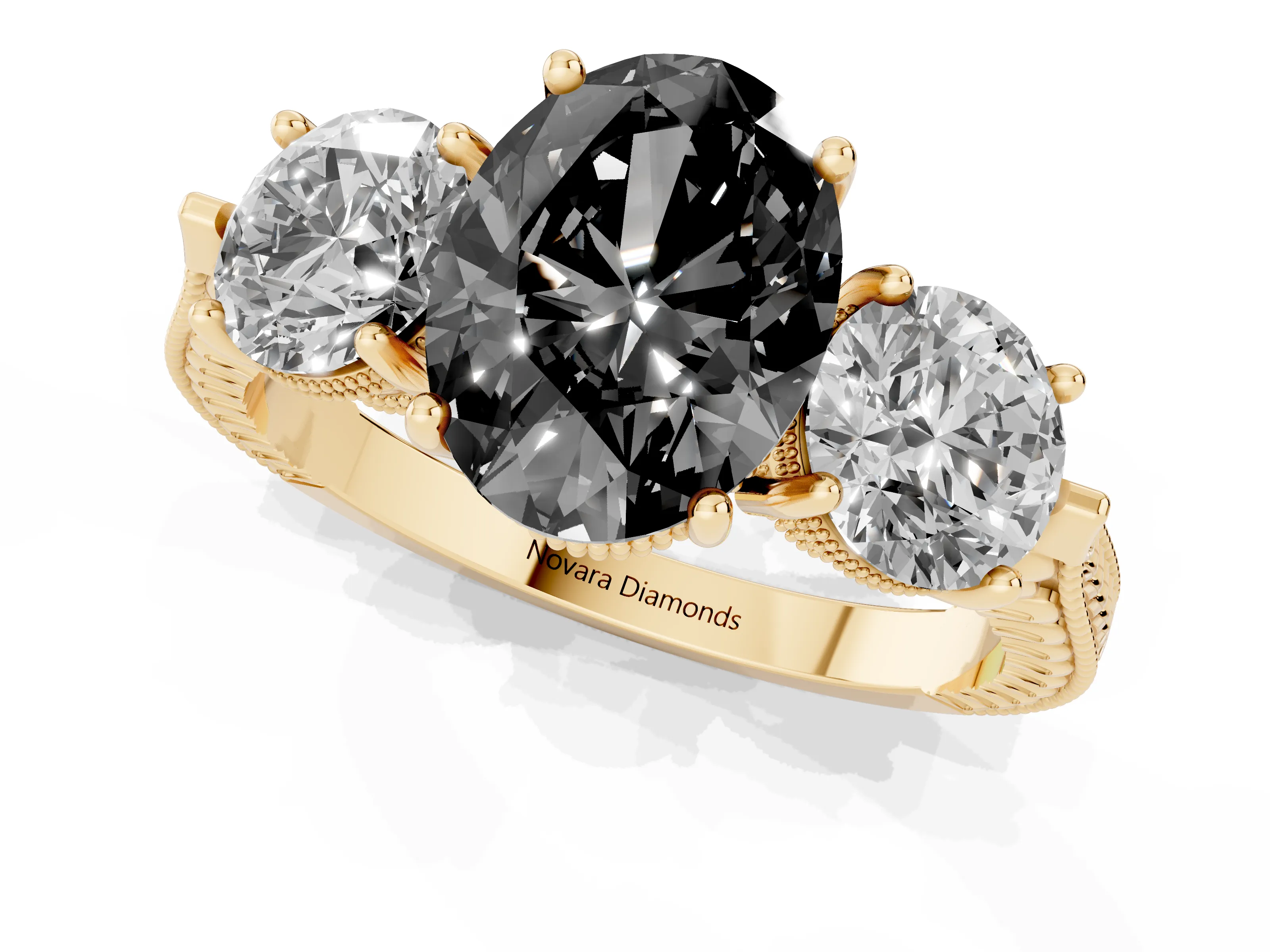 Fancy Black Oval Cut Diamond Three-Stone Ring Set in Yellow gold with Milgrain Band