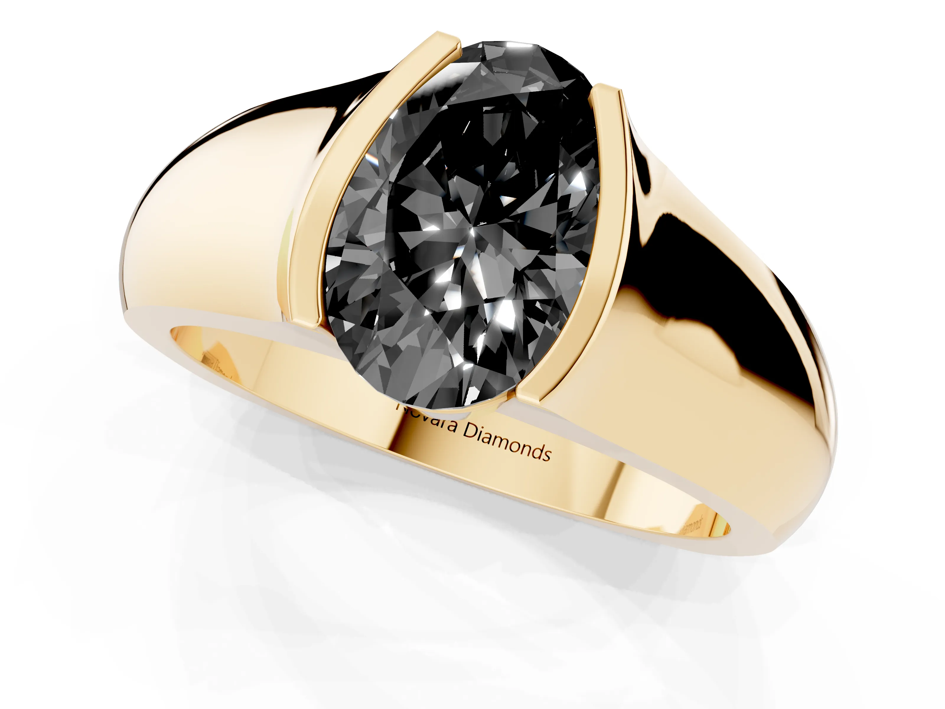 Fancy Black Oval Cut Diamond Bezel Solitaire Ring Set in Yellow gold with Wide Band