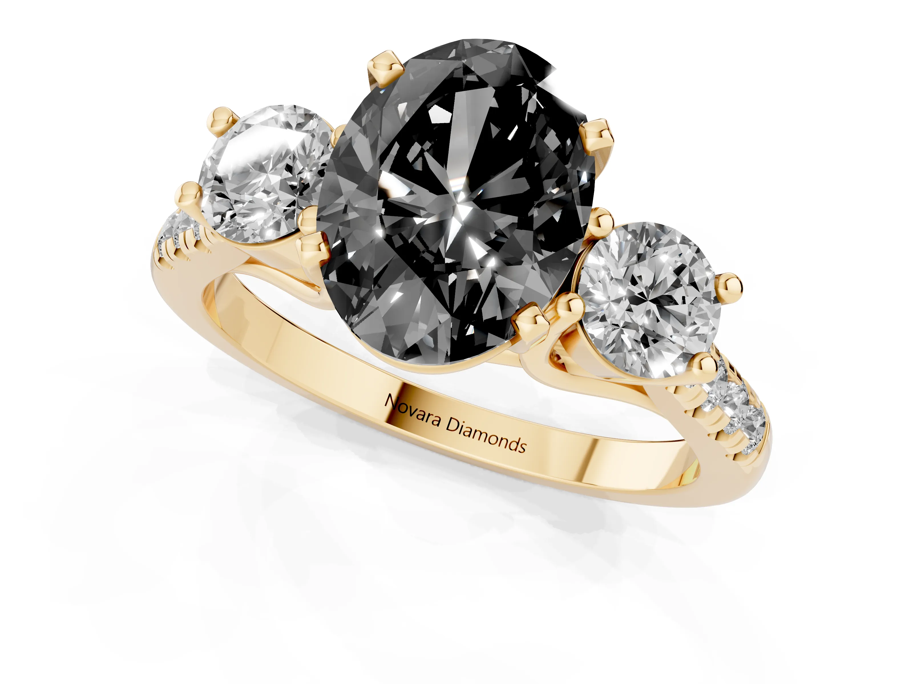 Fancy Black Three-Stone Oval Cut Diamond Pavé Band Ring Set in Yellow gold with Prong-Set Trio