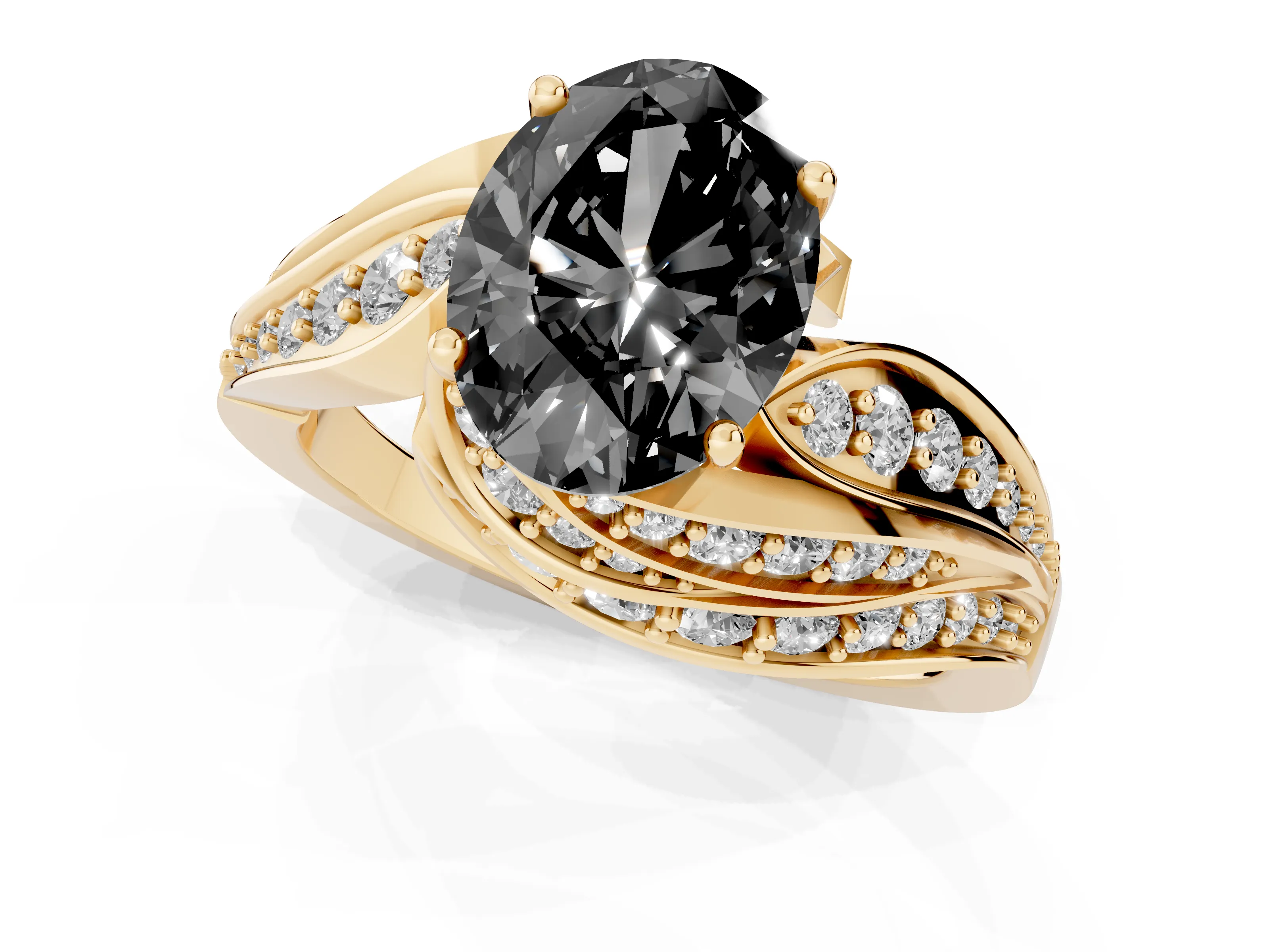 Fancy Black Oval Cut Diamond Solitaire Ring Set in Yellow gold with Layered Twist Pavé Band