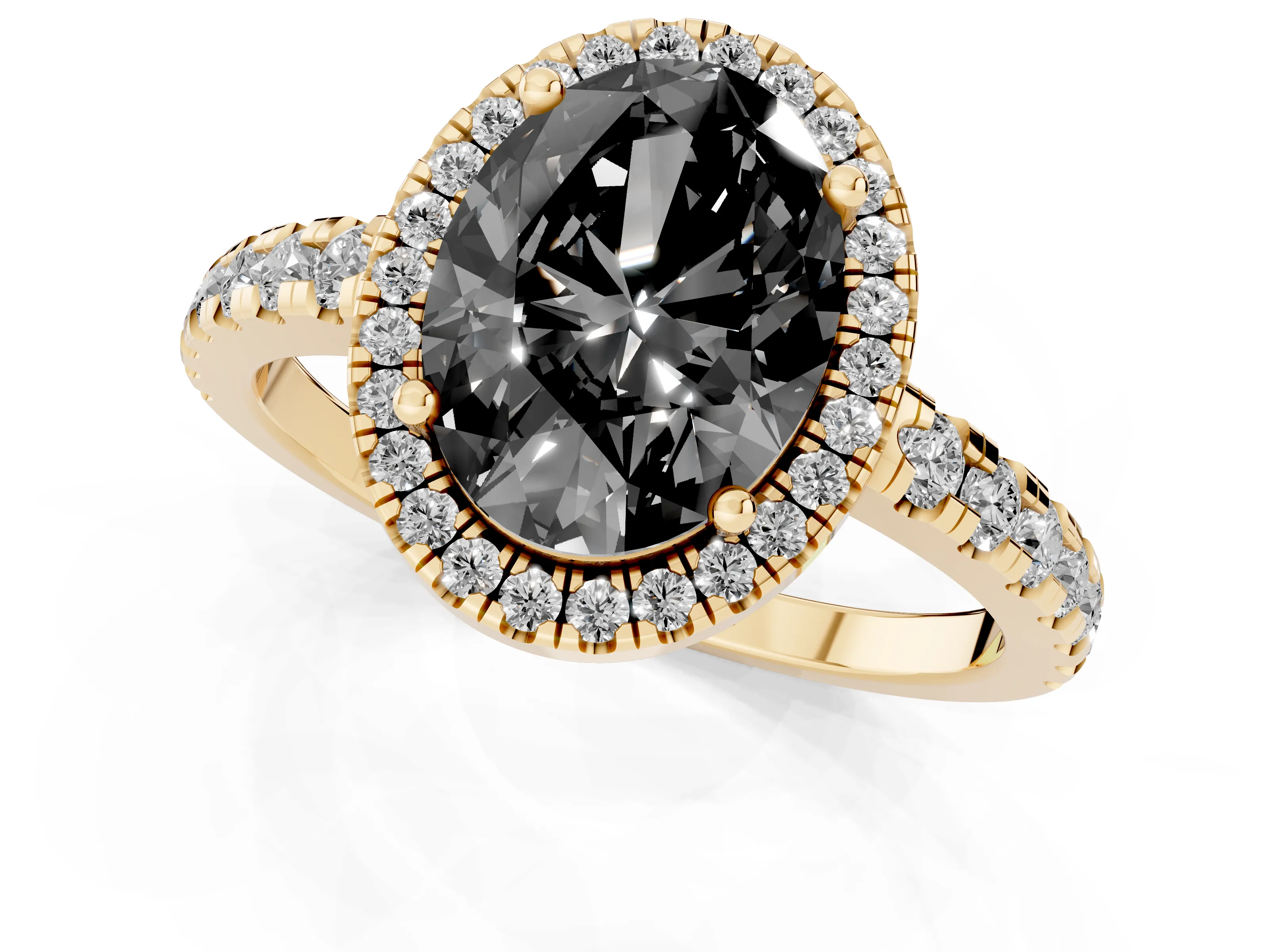 Fancy Black Oval Cut Diamond Halo Ring Set in Yellow gold with Delicate Pavé Band and Prong Setting