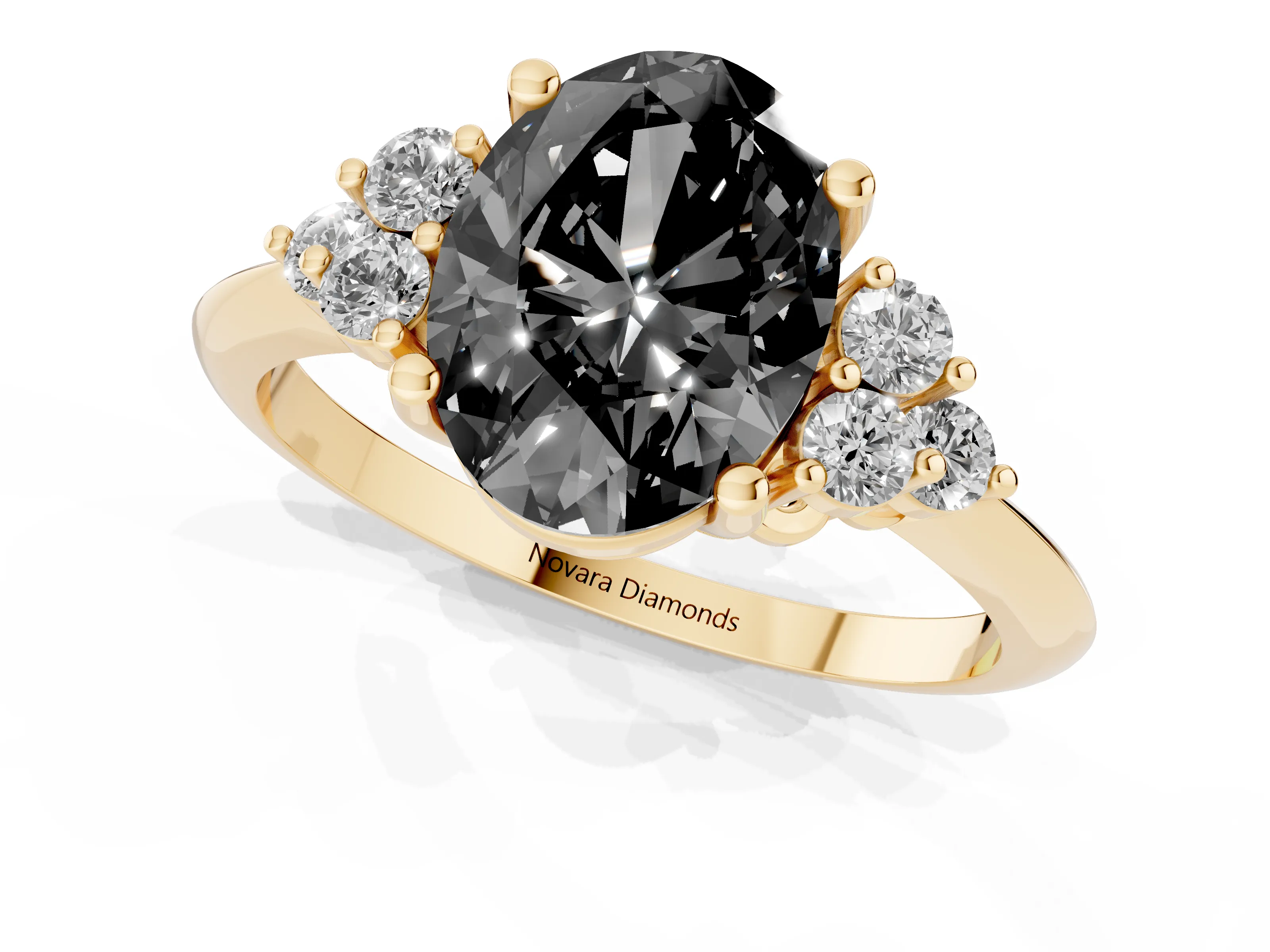 Fancy Black Oval Cut Diamond Cluster Ring Set in Yellow gold with Plain Band and Prong Setting