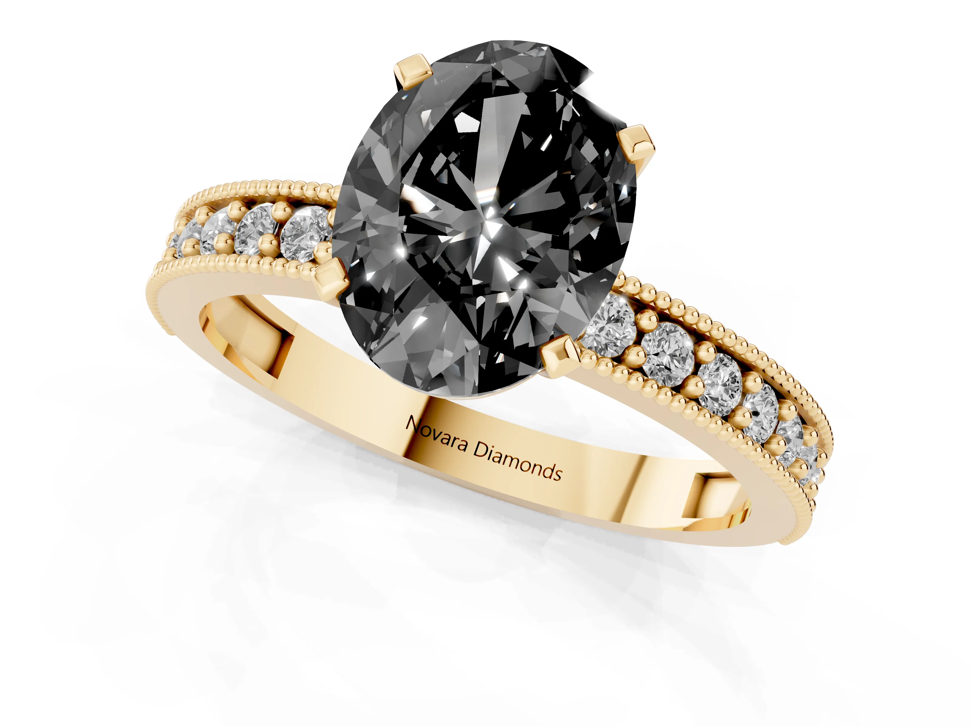 Fancy Black Oval Cut Diamond Milgrain Pavé Engagement Ring Set in Yellow gold with Prong Setting