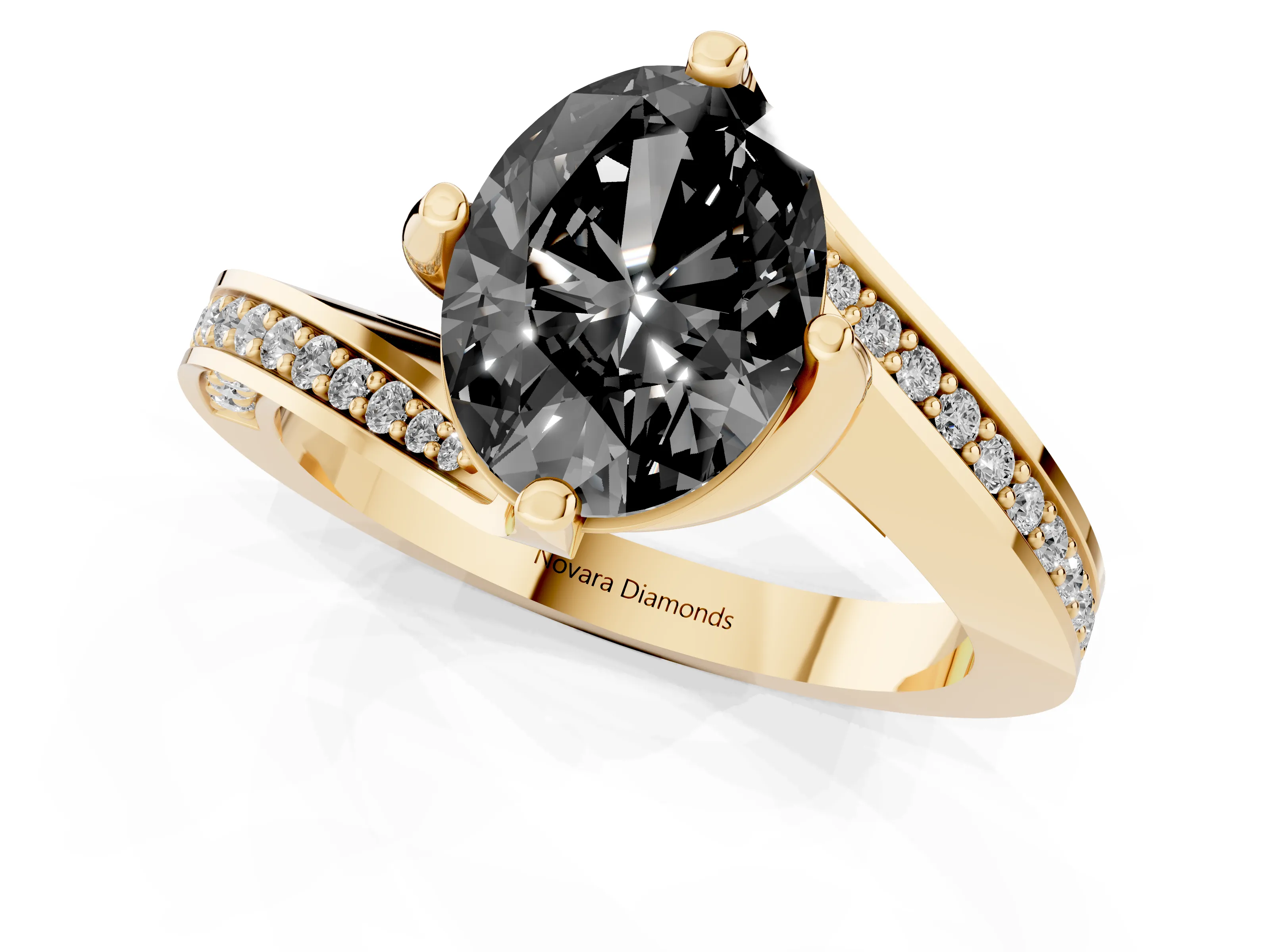 Fancy Black Oval Cut Diamond Solitaire Ring Set in Yellow gold with Intertwined Pavé Twist Band