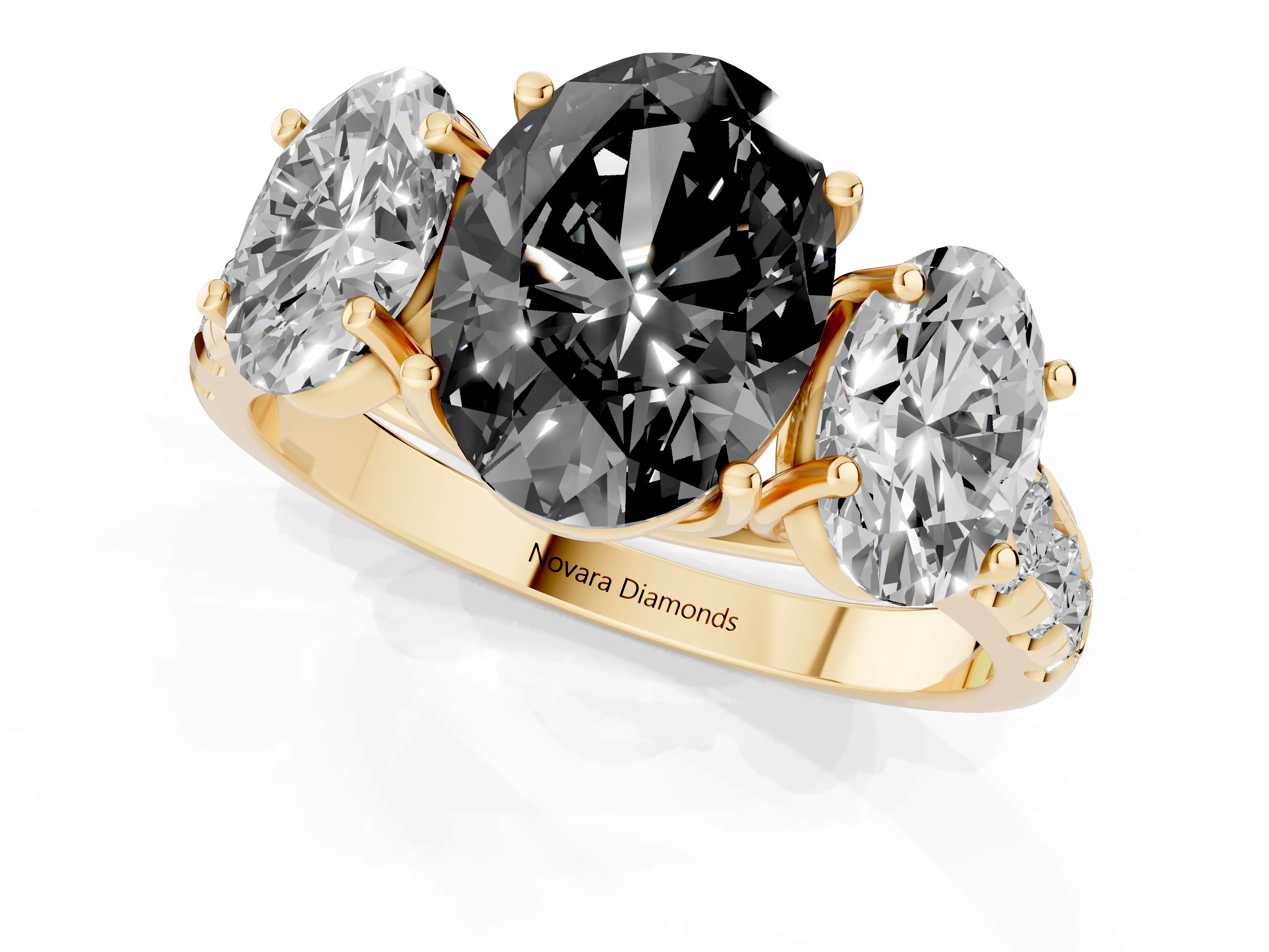 Fancy Black Oval Cut Diamond Three-Stone Ring Set in Yellow gold with Pavé Band