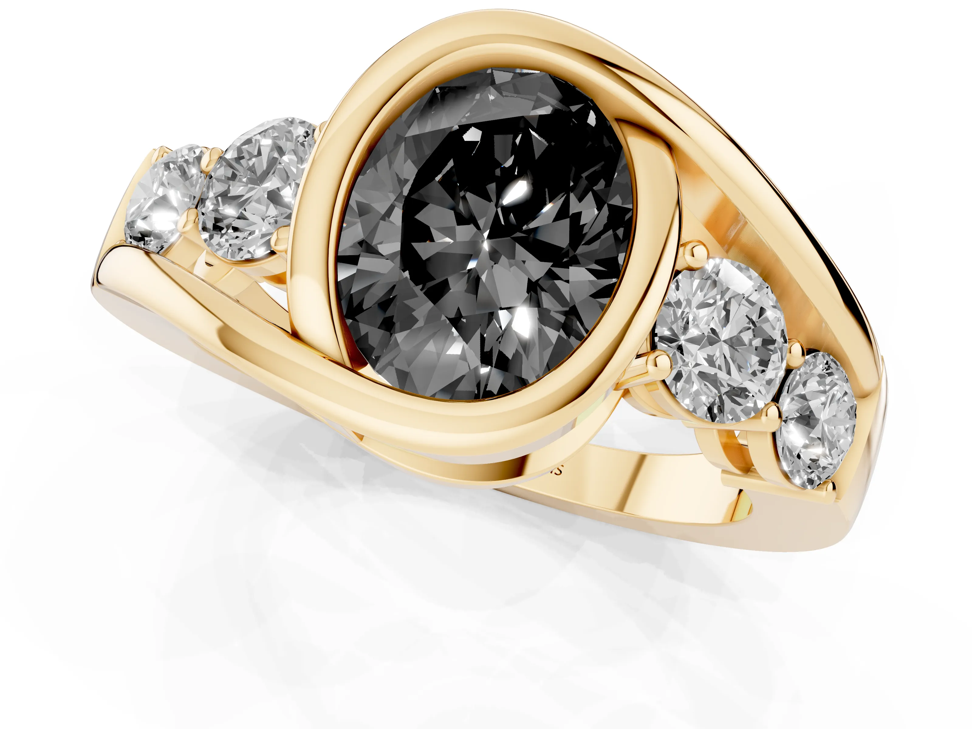 Fancy Black Oval Cut Diamond Bezel Bypass Ring Set in Yellow gold with Round Accents