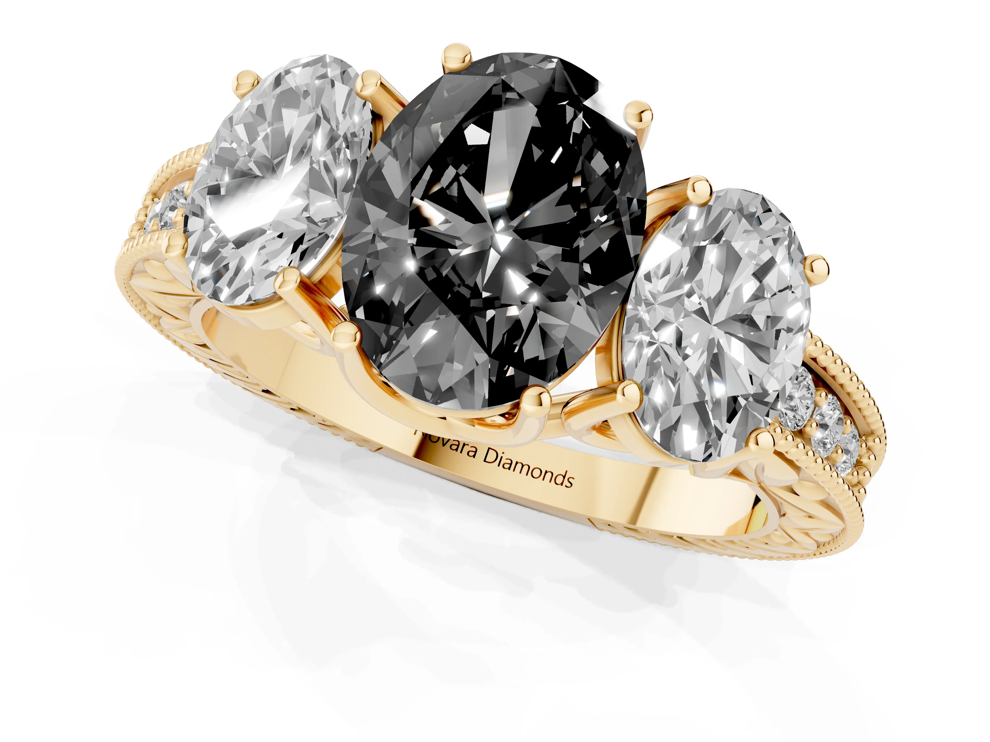 Fancy Black Oval Cut Diamond Three-Stone Engagement Ring Set in Yellow gold with Milgrain Pavé Band