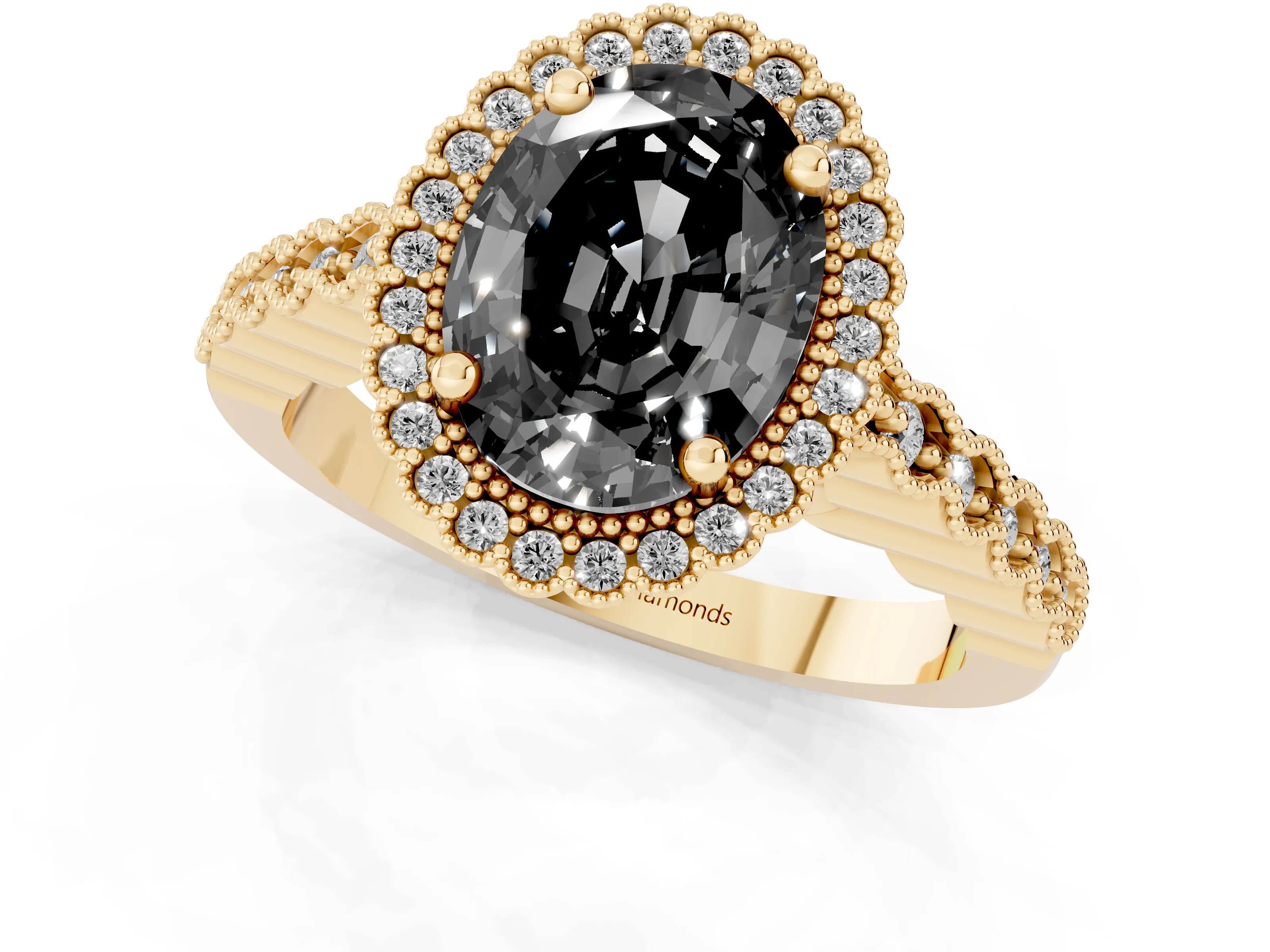 Fancy Black Oval Cut Diamond Halo Ring Set in Yellow gold with Pavé Milgrain Band