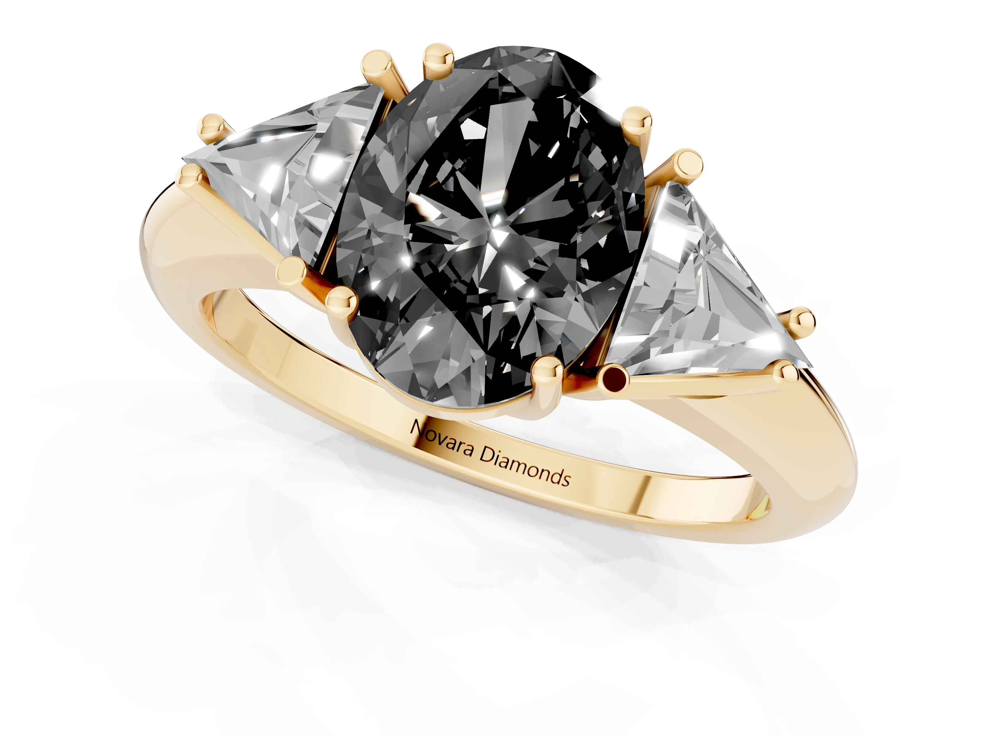 Fancy Black Oval Cut Diamond Three-Stone Engagement Ring Set in Yellow gold with Trillion Side Stones