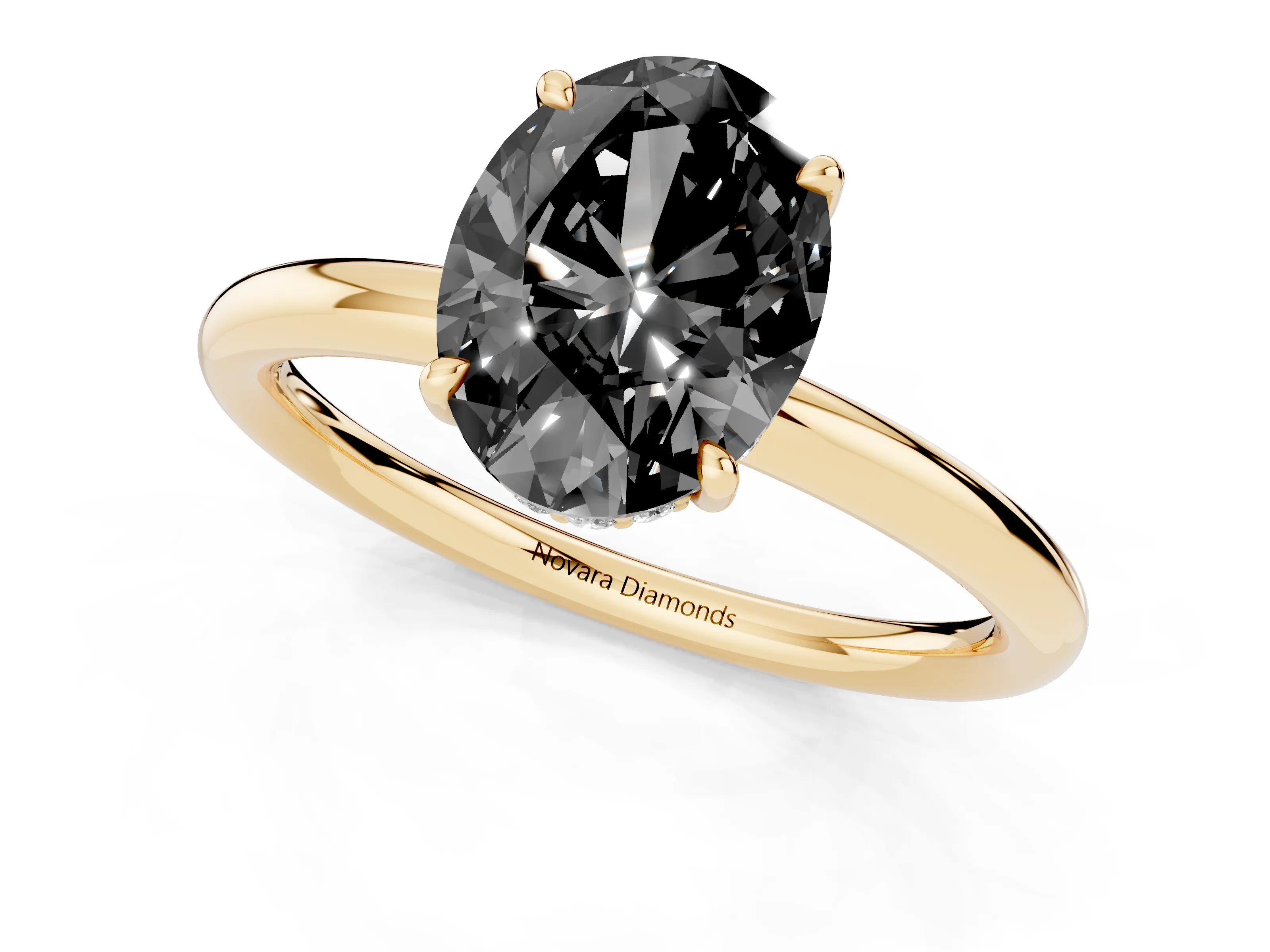 Fancy Black Oval Cut Diamond Solitaire Ring Set in Yellow gold with Thin Band and Prong Setting