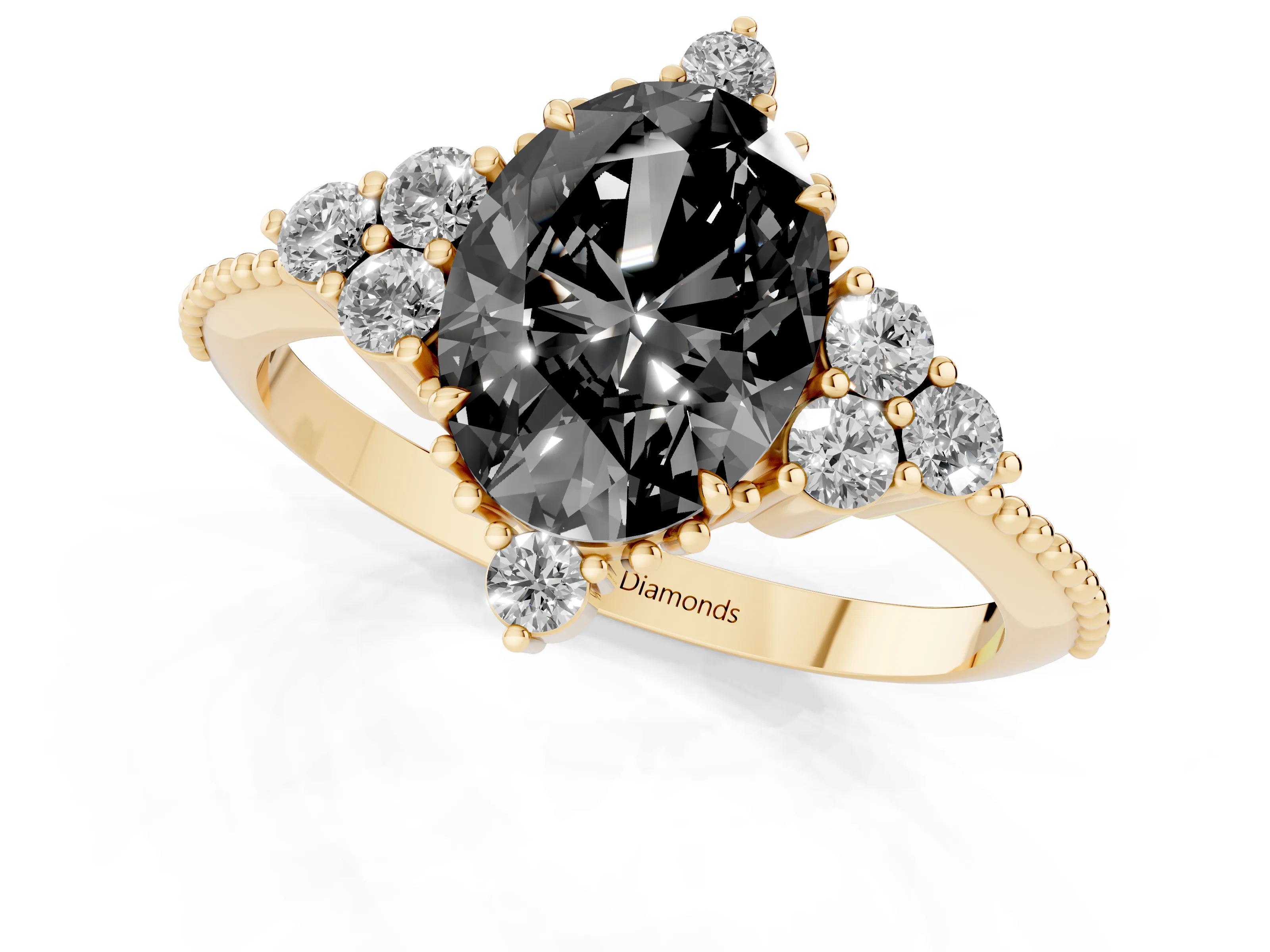 Fancy Black Oval Cut Diamond Cluster Ring Set in Yellow gold with Beaded Band