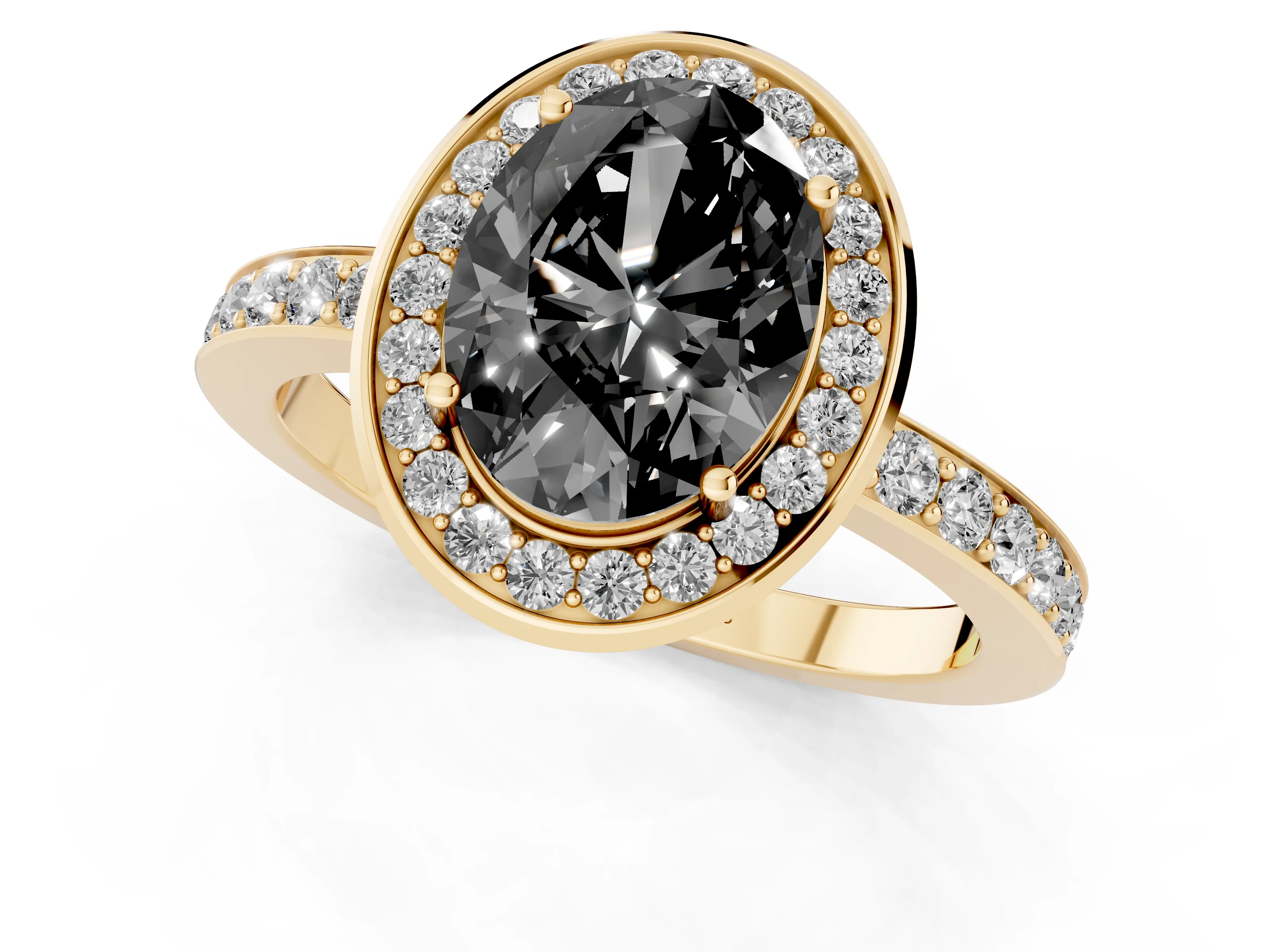 Fancy Black Oval Cut Diamond Halo Ring Set in Yellow gold with Bezel Frame and Pavé Band