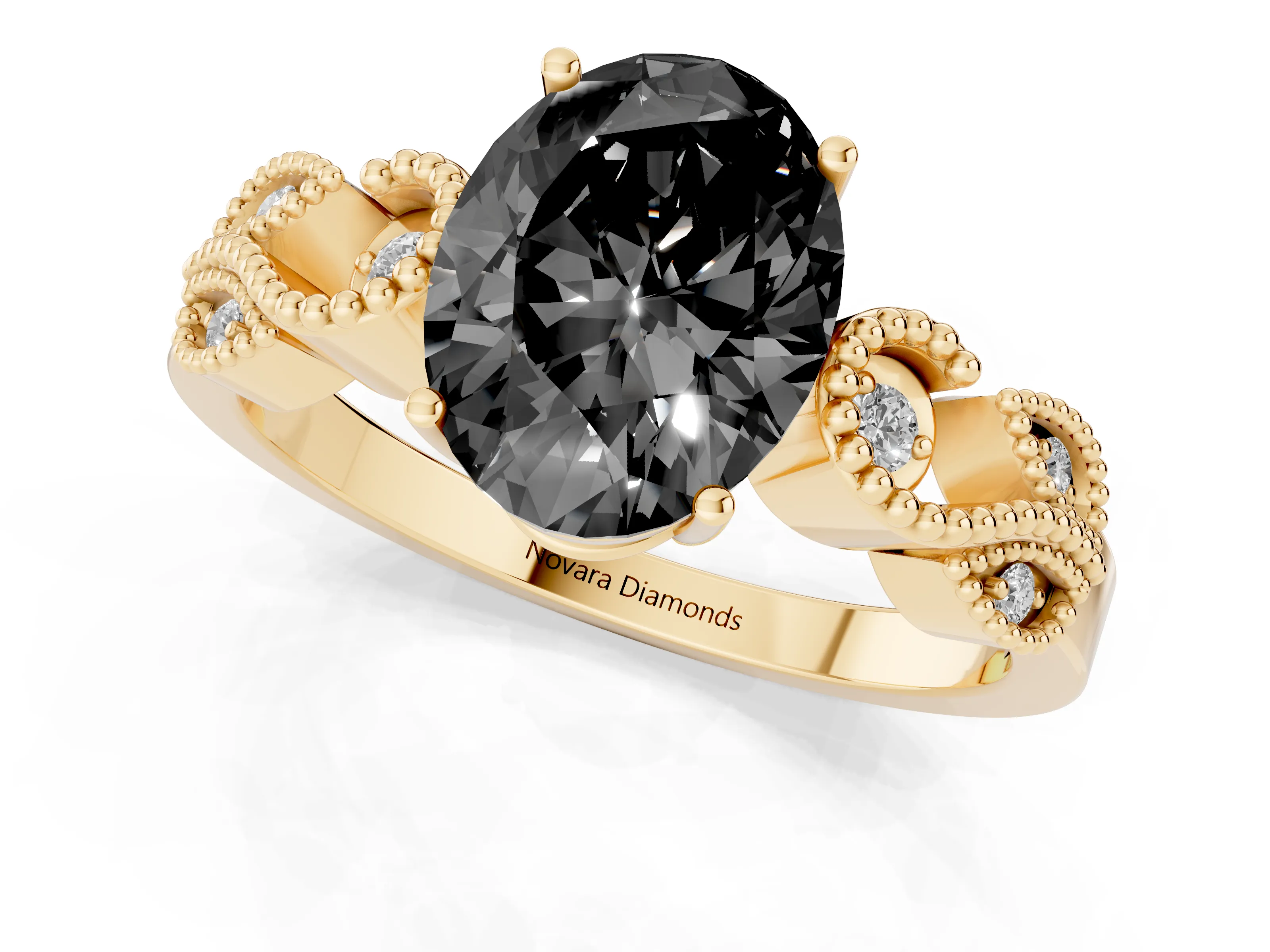 Fancy Black Oval Cut Diamond Milgrain Leaf Band Solitaire Ring Set in Yellow gold with Accent Stones and Prong Setting