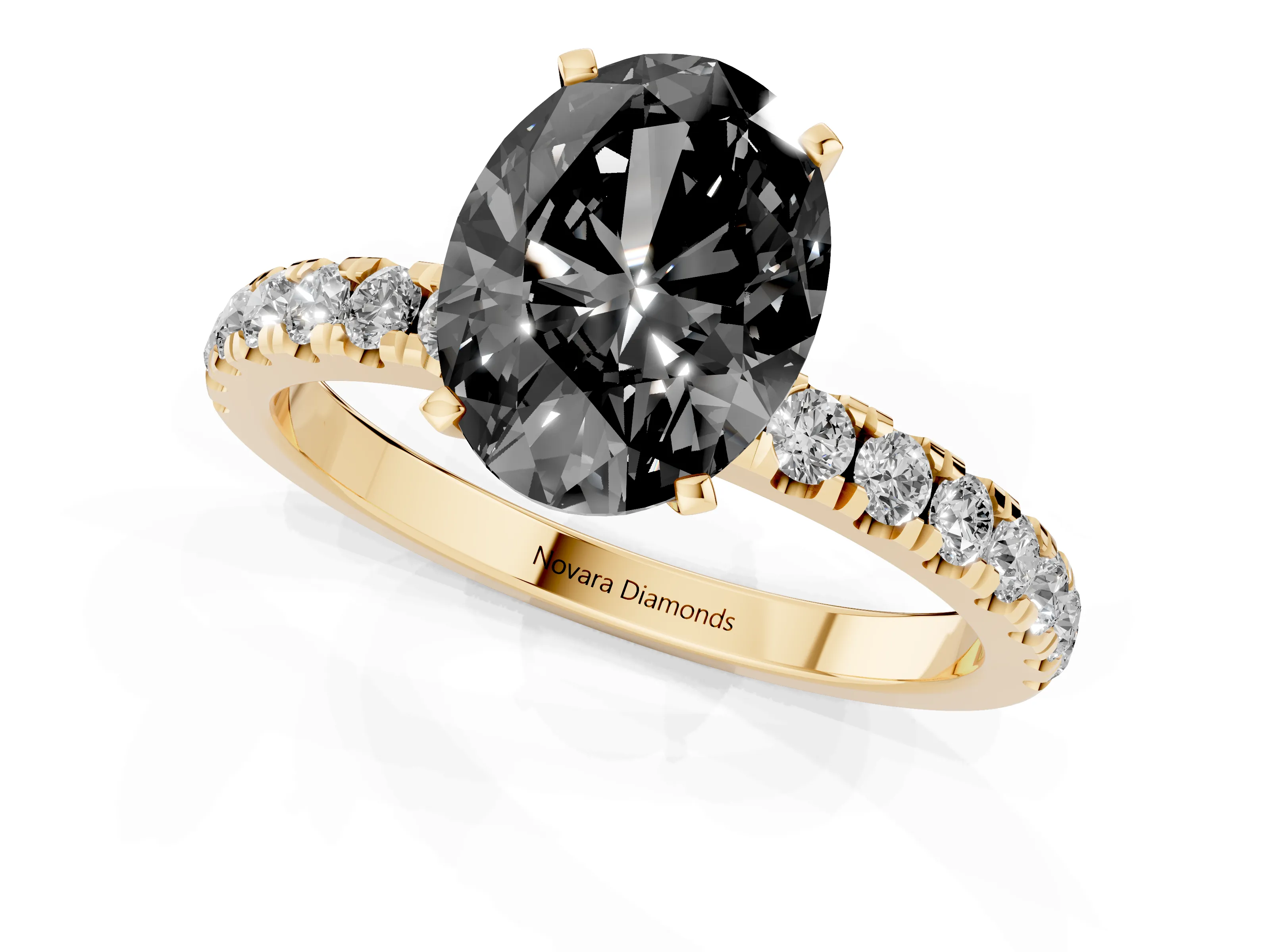 Fancy Black Oval Cut Diamond Solitaire Ring Set in Yellow gold with Pavé Accents and Prong Setting