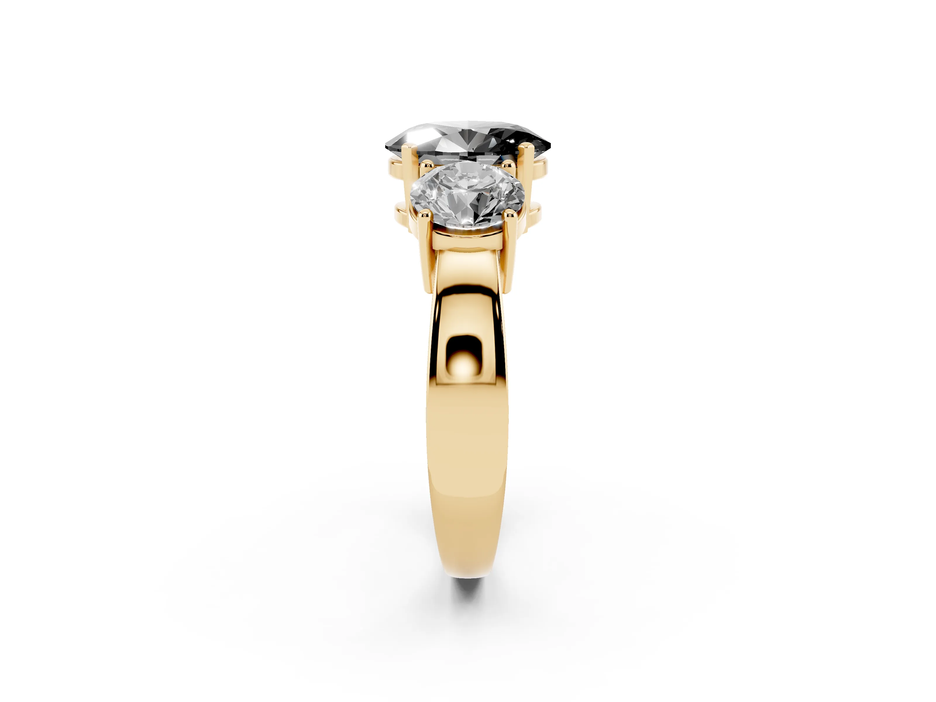 Fancy Black Oval Cut Diamond Three-Stone Ring Set in Yellow gold with Round Side Stones and Classic Band