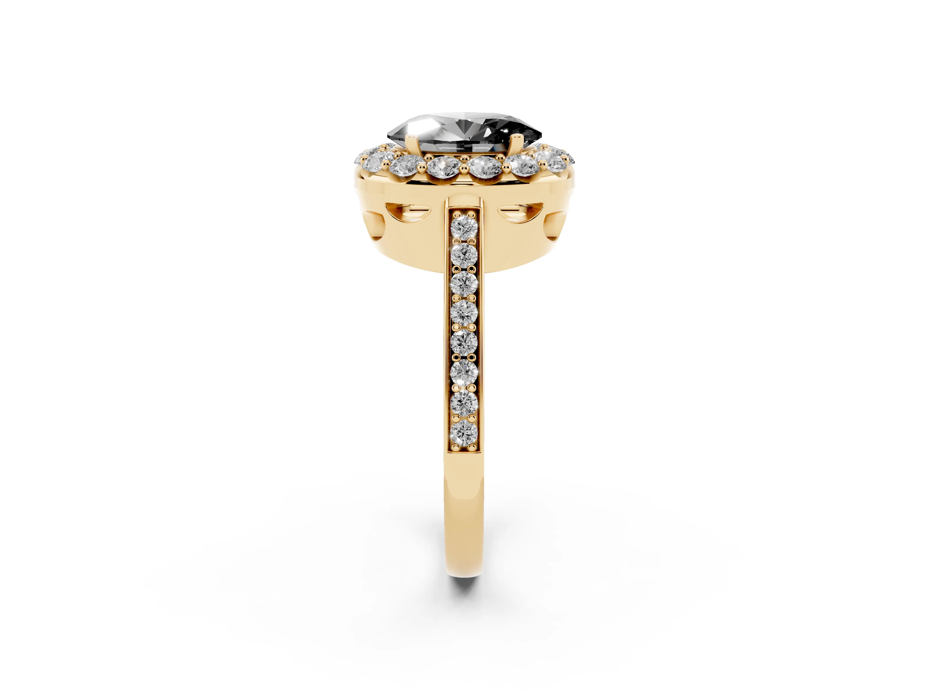 Fancy Black Oval Cut Diamond Floral Halo Ring Set in Yellow gold with Pavé Band and Prong Setting