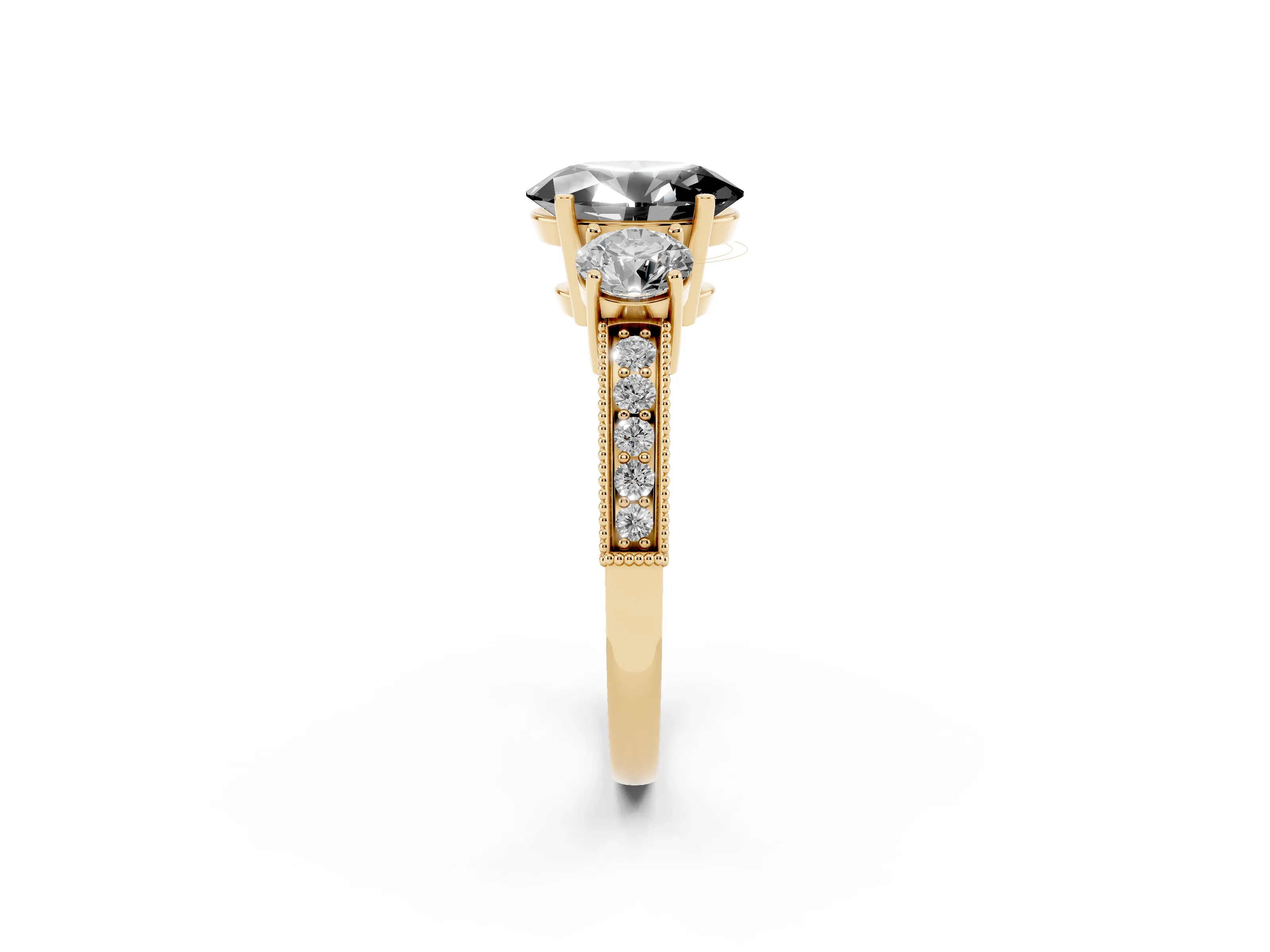 Fancy Black Oval Cut Diamond Three-Stone Ring Set in Yellow gold with Round Side Stones and Pavé Band