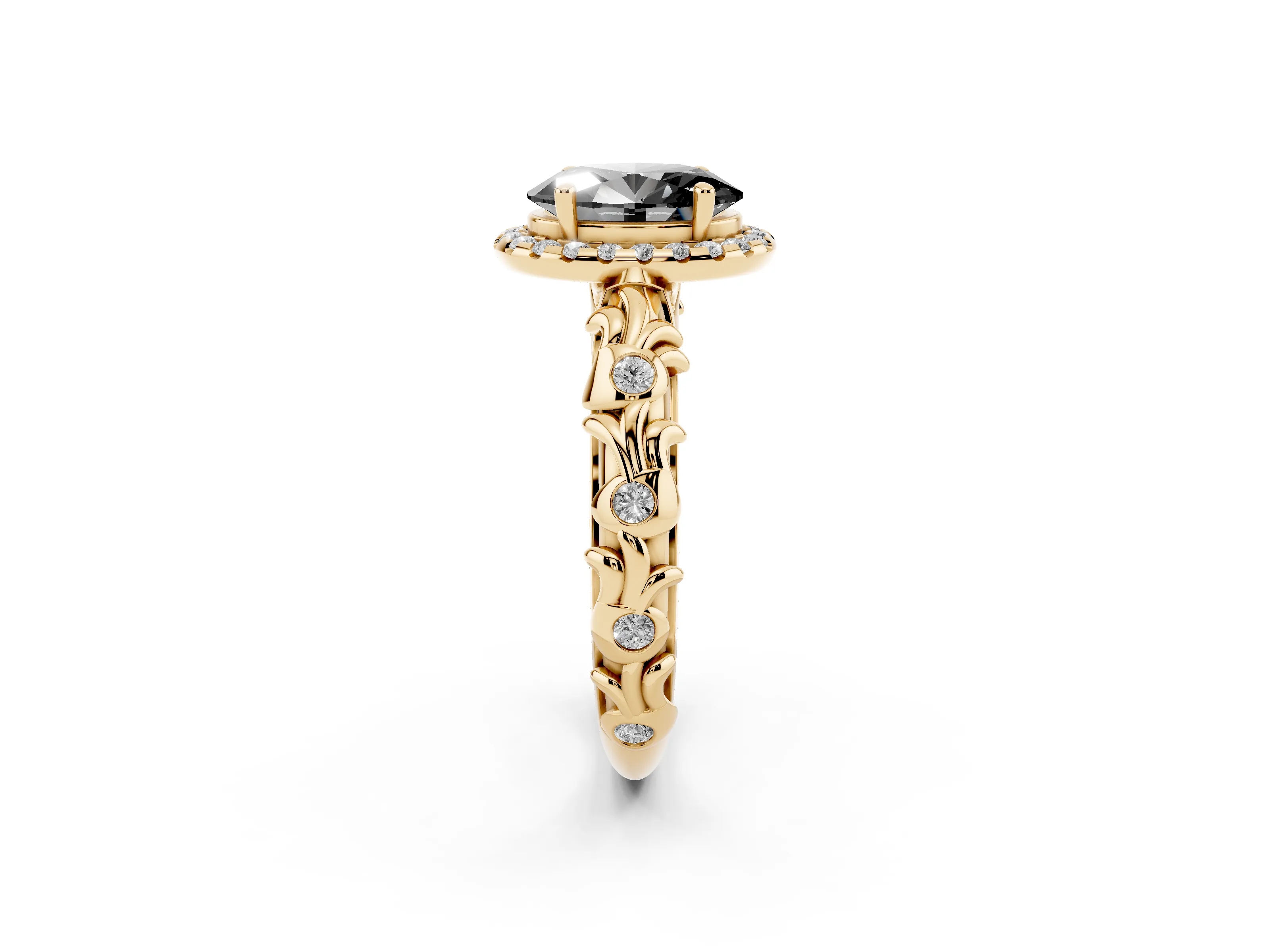 Fancy Black Oval Cut Diamond Halo Ring Set in Yellow gold with Filigree Leaf Band and Prong Setting