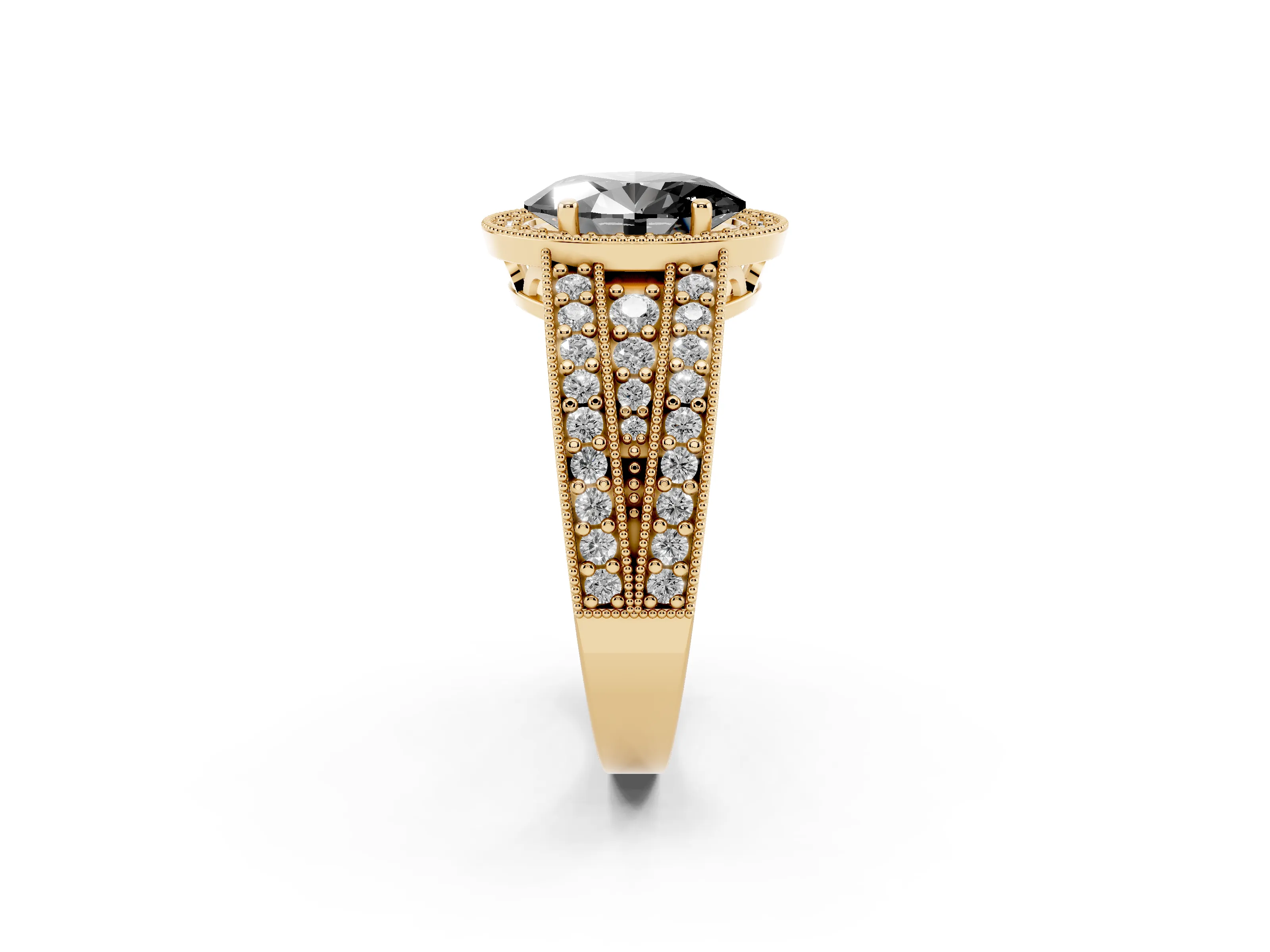 Fancy Black Oval Cut Diamond Halo Ring Set in Yellow gold with Accent Split Shank and Prong Setting