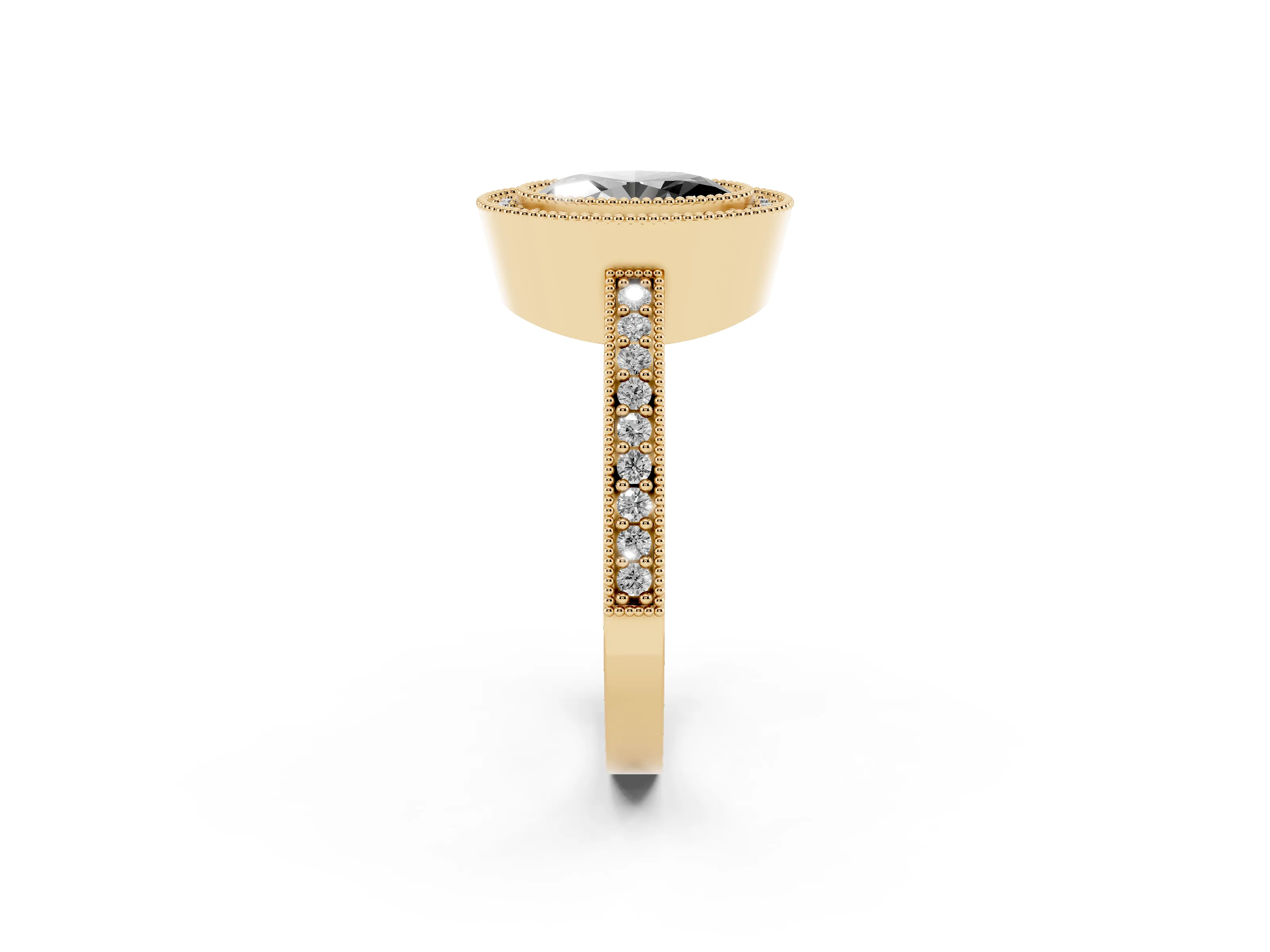 Fancy Black Oval Cut Diamond Halo Engagement Ring Set in Yellow gold with Pavé Band and Round Halo Stones