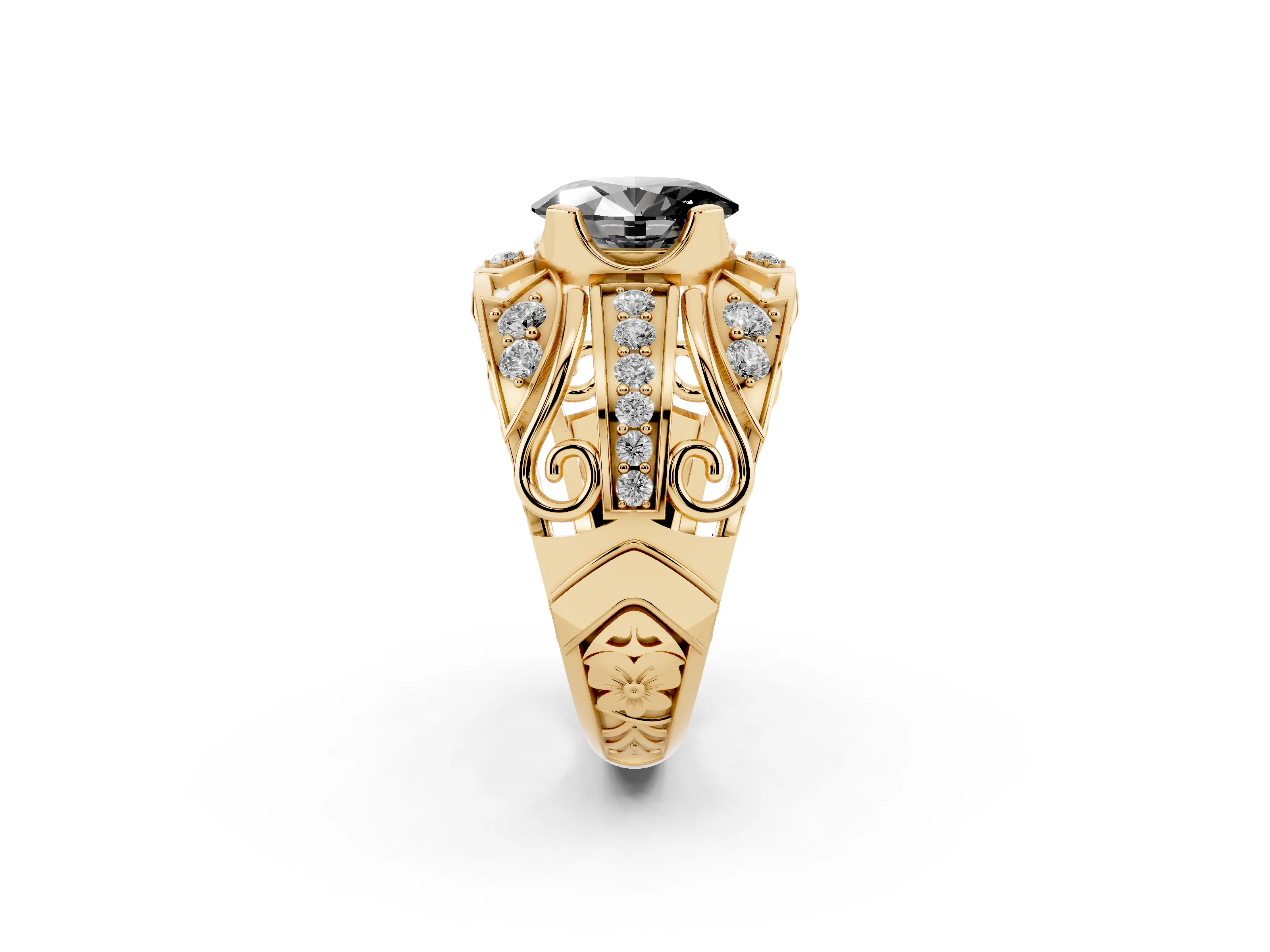 Fancy Black Oval Cut Diamond Art Deco Ring Set in Yellow gold with Pavé Split Shank