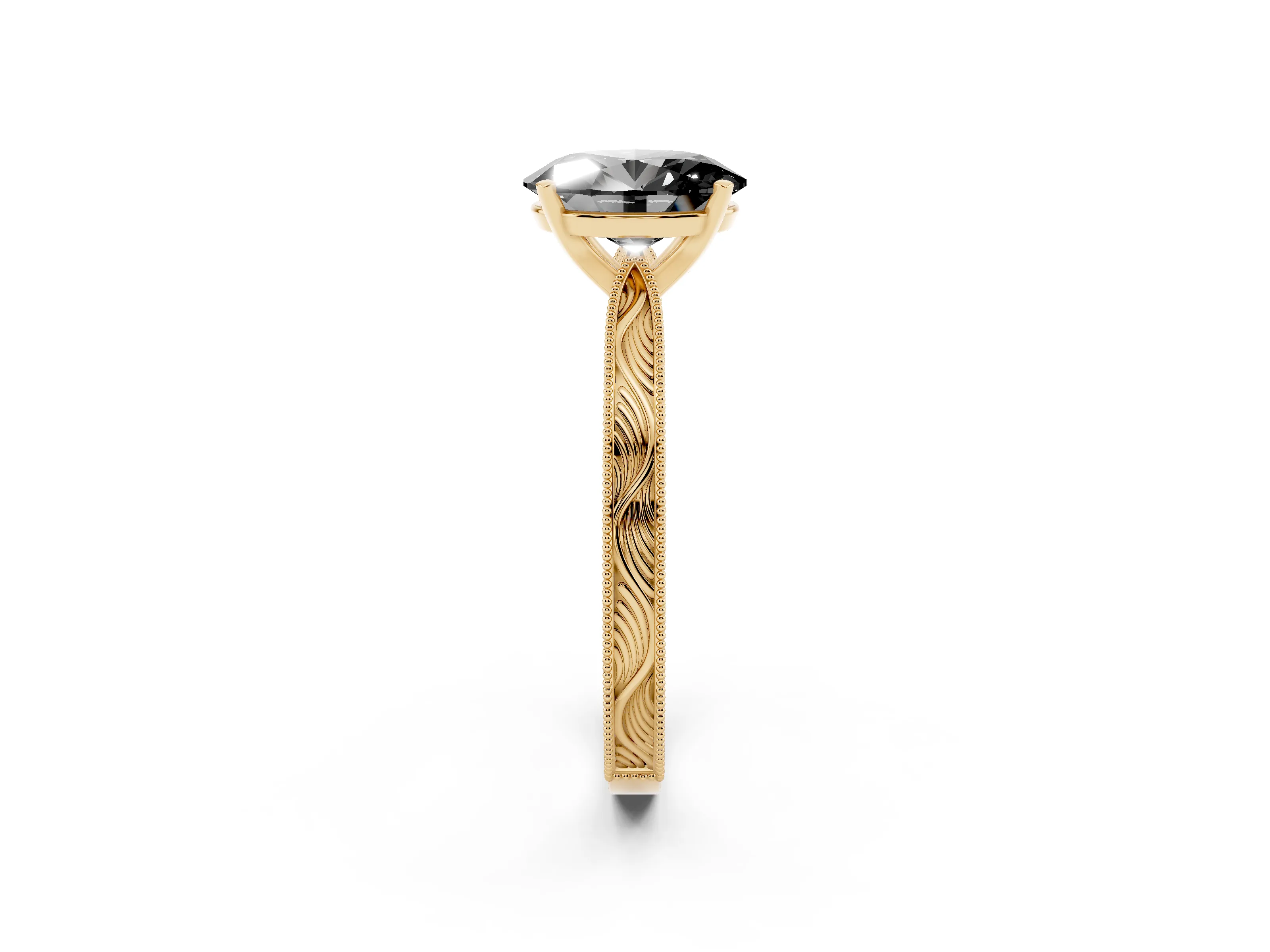 Fancy Black Oval Cut Diamond Solitaire Milgrain Engraved Band Set in Yellow gold with Prong Setting